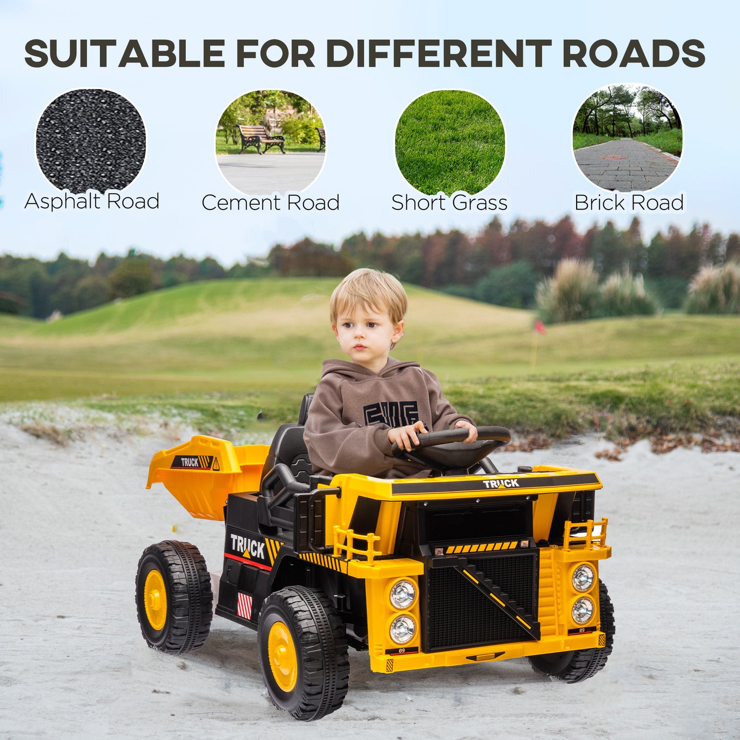 Qaba Kids Ride on Dump Truck, 12V Ride on Car with Electric Dump Bed and Extra Shovel, Spring Suspension Wheels, Music Player, LED Headlights for Boys & Girls Ages 3-5 Years