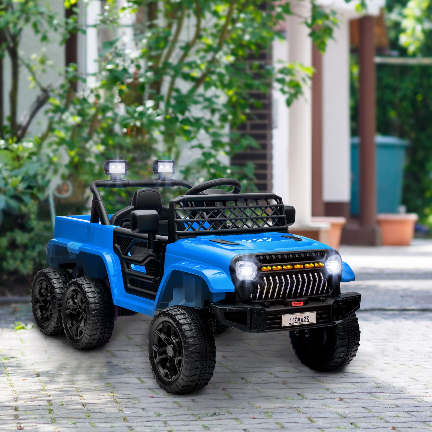 Qaba 12V 4x4 Kids Ride on Truck with Back Trailer, 2WD/4WD Switchable Kids Electric Car with Parent Remote Control, Spring Suspension System, Soft Start, Music, LED Light, Horn, Light Blue
