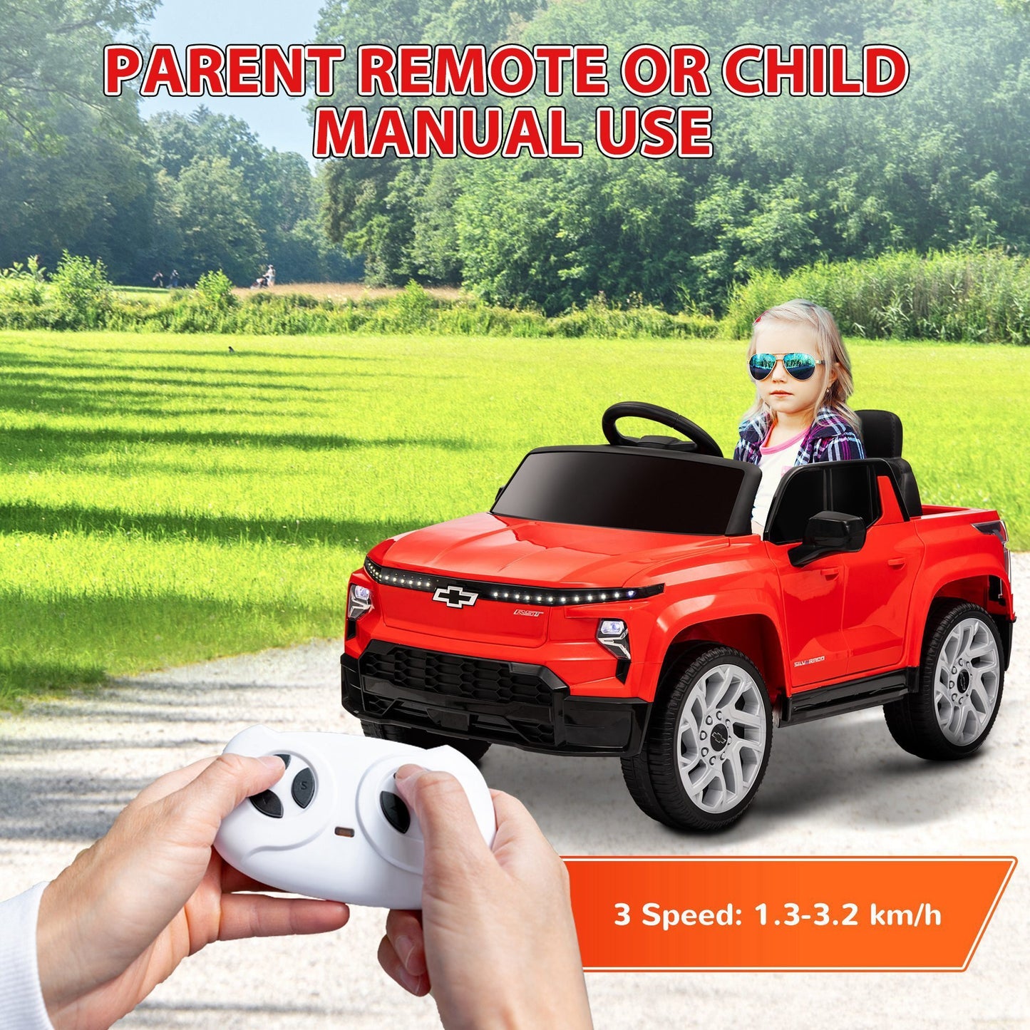 Qaba 12V Kids Electric Car, Chevrolet Silverado EV RST Licensed Ride on Car with Parent Remote Control, Spring Suspension, Soft Start, Training Wheels, LED Lights, Music, MP3, 3 Speed, Red
