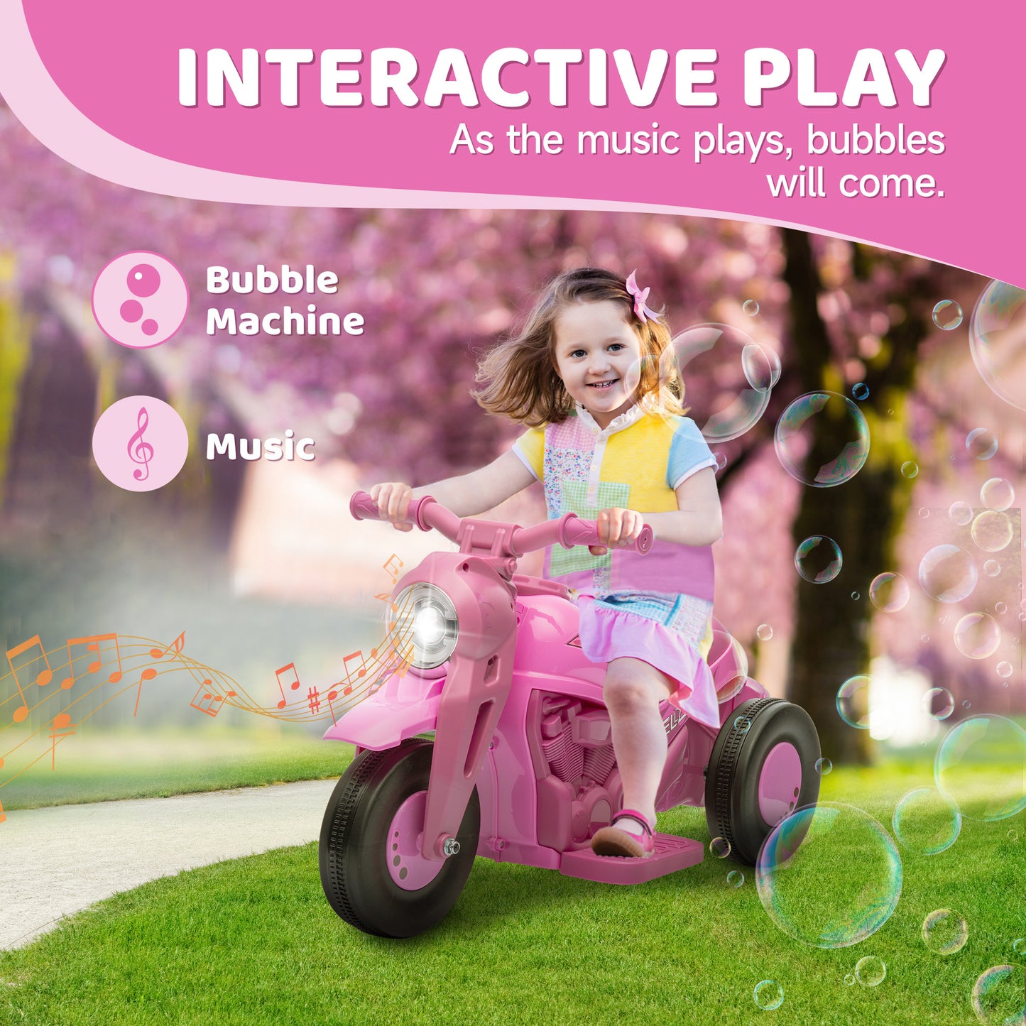Qaba Ride on Bubble Car, 6V Kids Motorcycle, 3 Wheeled 2 MPH Electric Motorbike for Toddler with LED Headlight, Music, Forward & Reserve, Pink