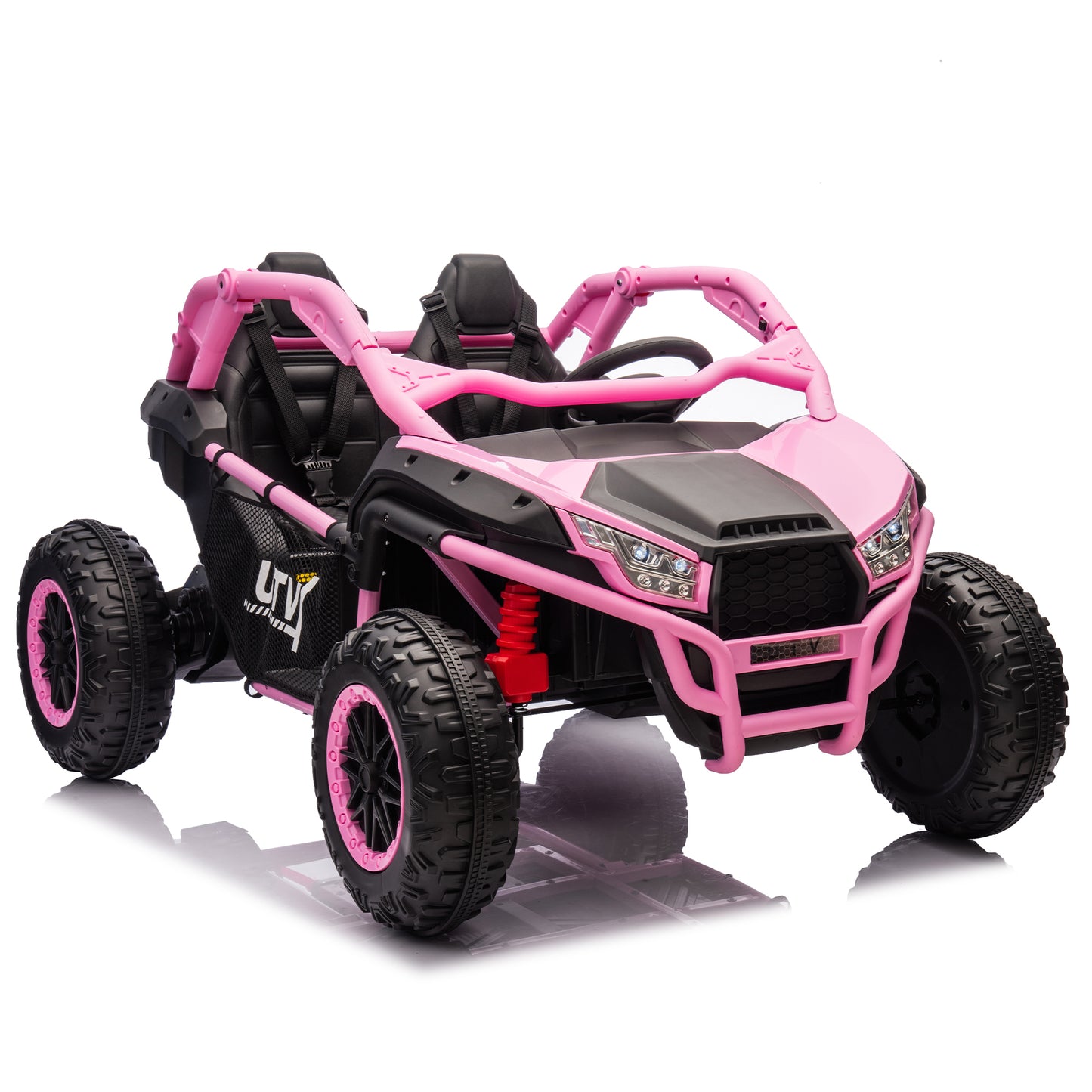 24V Two-seater Kids Ride On UTV w/Parents Control,20in seat width,400W Super high power,Four-wheel Suspension,Bluetooth,MP3,USB,LED Light,Horn,Rear storage space,Speeds 3.73-4.97MPH For Kids aged 3+.