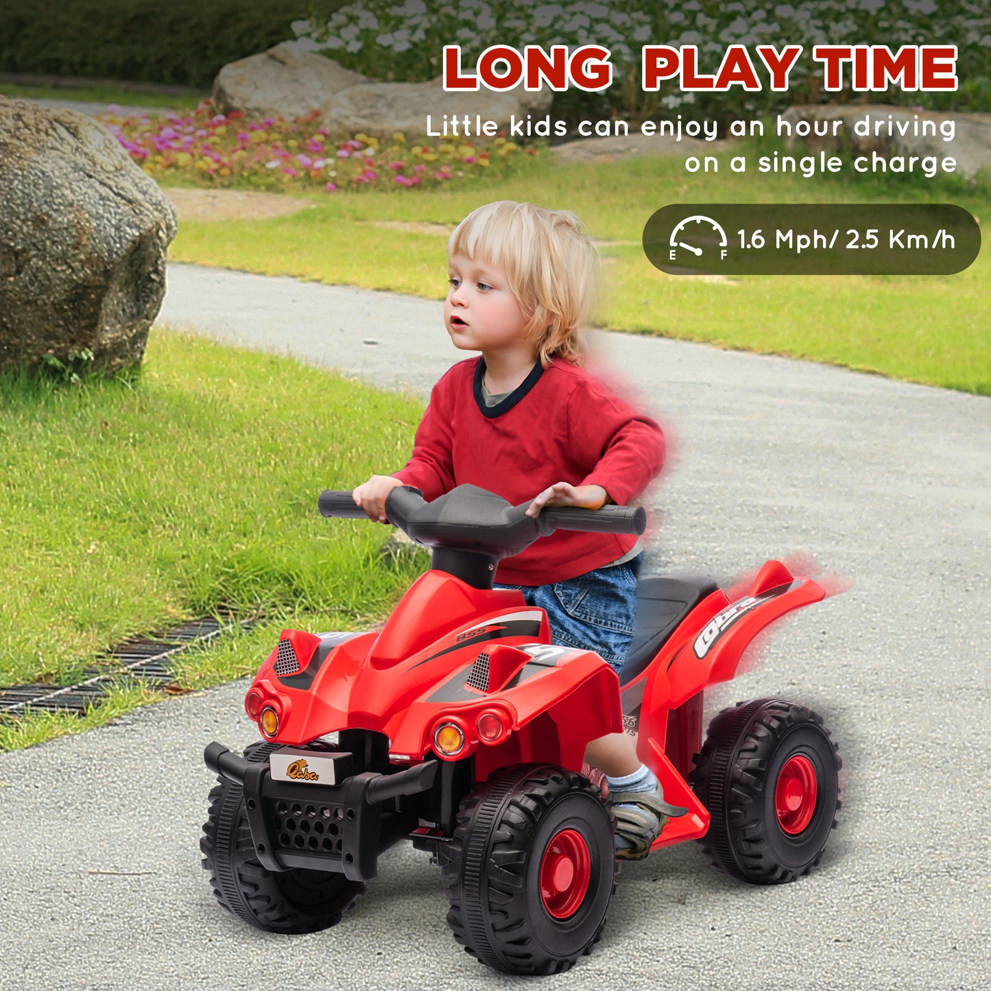 Qaba Kids ATV, 6V 4 Wheeler Kids Quad Car, Battery Powered Electric Ride on Toy with Music for Boys & Girls Ages 2-6 Years, Red