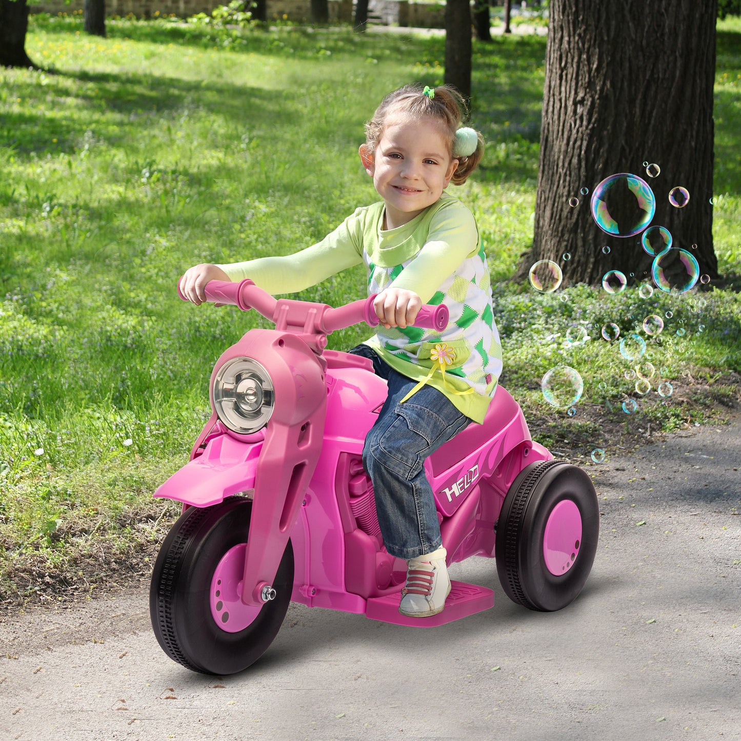 Qaba Ride on Bubble Car, 6V Kids Motorcycle, 3 Wheeled 2 MPH Electric Motorbike for Toddler with LED Headlight, Music, Forward & Reserve, Pink