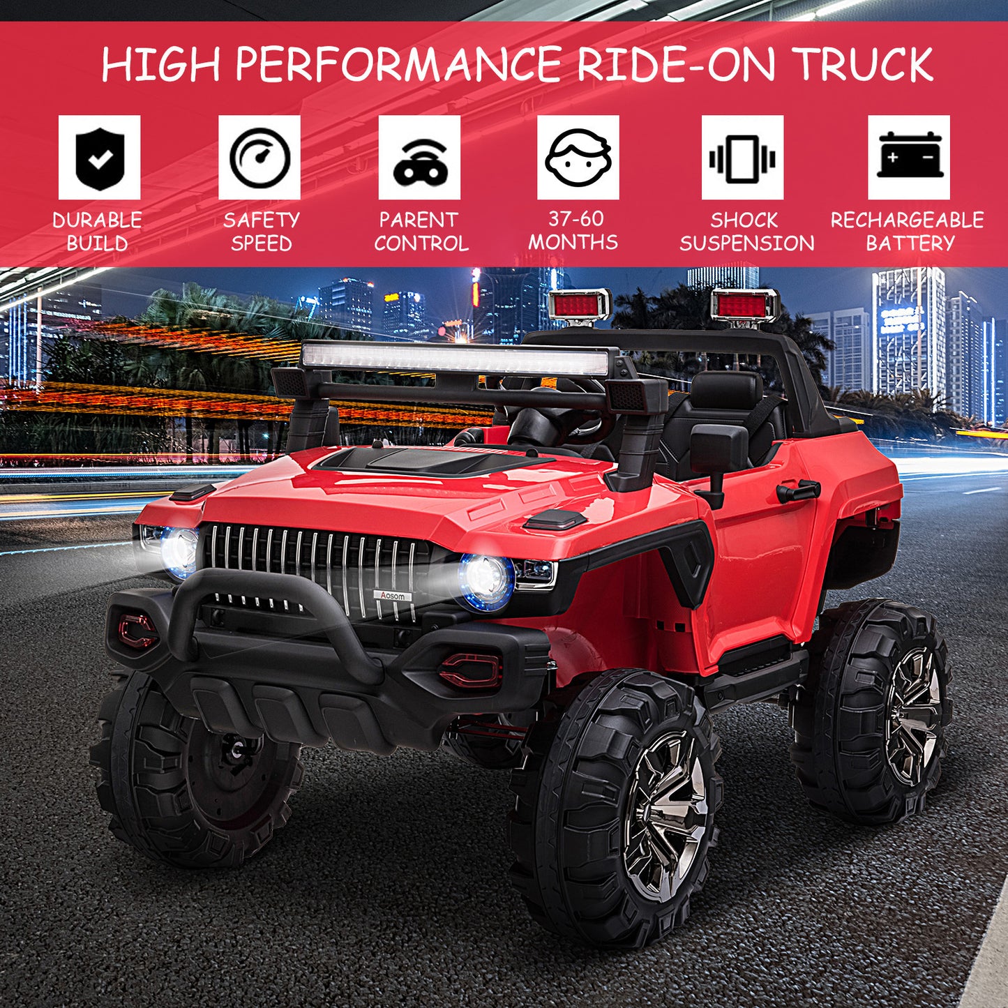 12V Police Car Ride-on Truck with Remote Control & Siren, 2-Seater Battery-Operated Electric Car for Kids with Music, Electric Ride-on Toy with Horn, Red