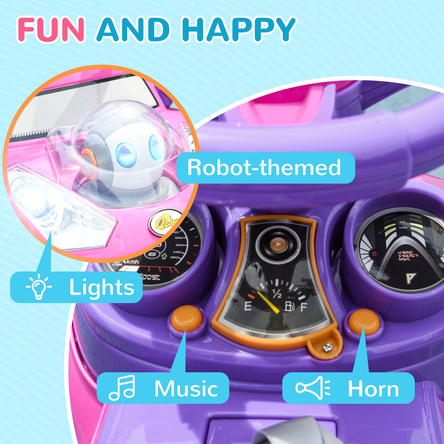 Qaba Push Car for Kids 1-3 Years, 3 in 1 Ride on Sliding Car, Foot to Floor Baby Push Car with Removable Handle, Music, Horn, Canopy, Safety Guardrail for Boys and Girls, Pink