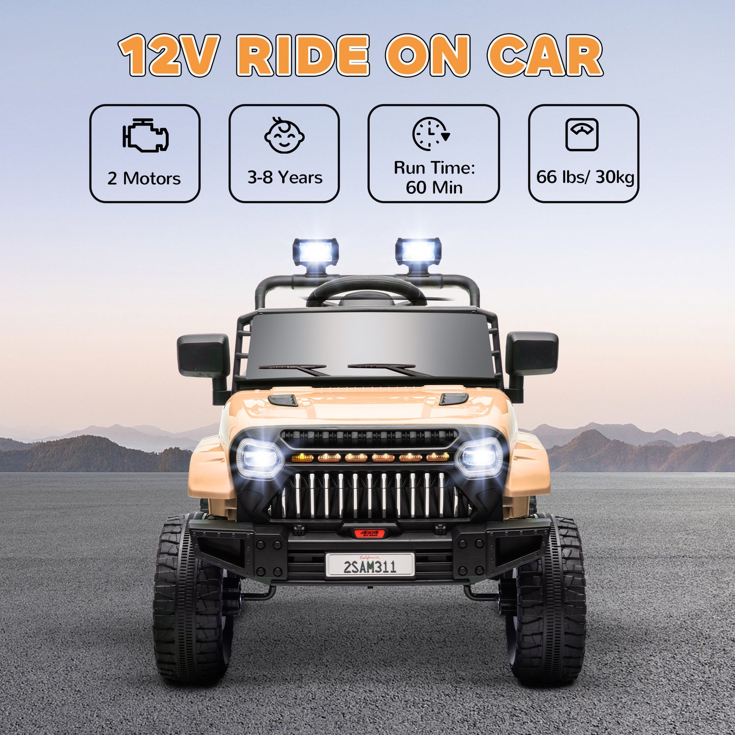 Qaba 12V Ride On Truck, Battery Powered Kids Electric Car UTV with 4 Suspension Wheels, Remote Control, 3 Speeds, LED Headlights, Horn, USB Music, Khaki