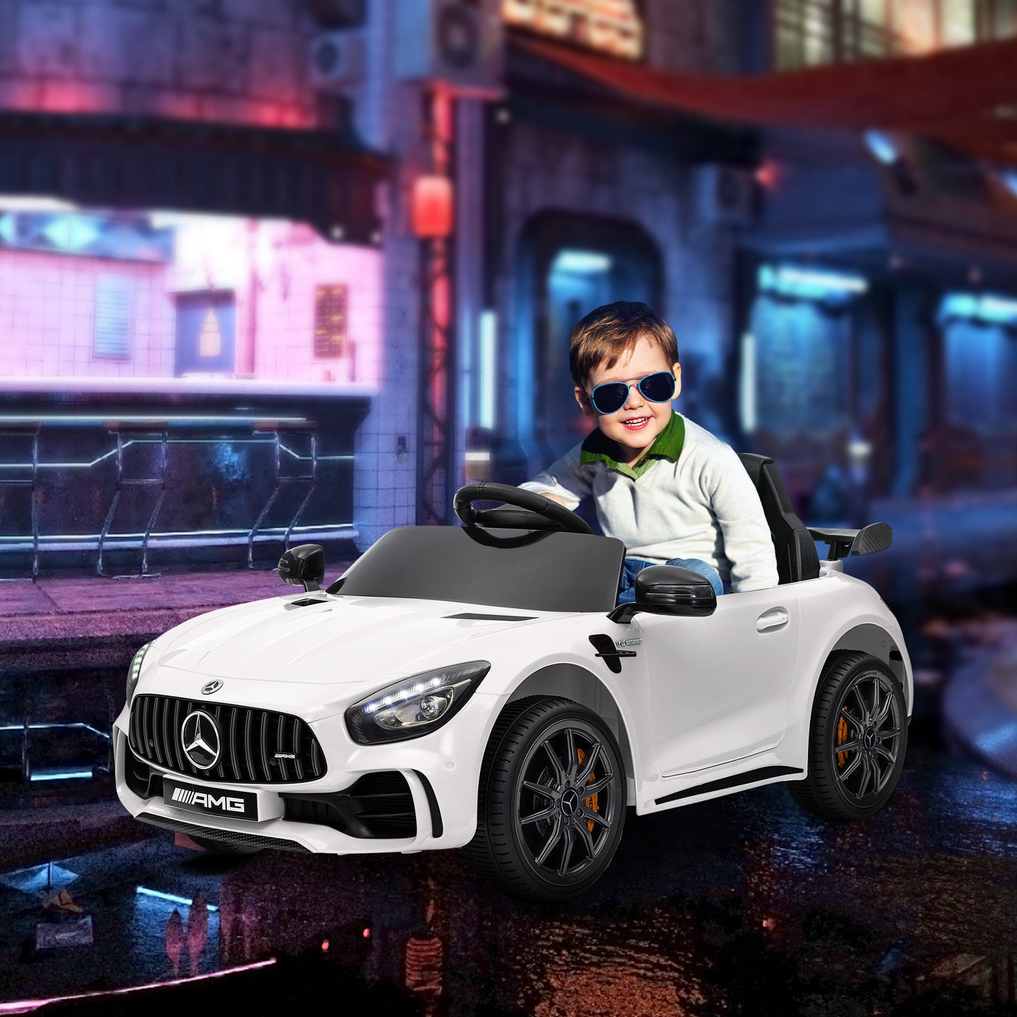 Qaba Mercedes-Benz AMG GTR Licensed 12V Kids Ride on Car, Battery Powered Kids Electric Car with Remote Control, Transport Wheels, Soft Start, Lights, Music, Horn & 3 Speeds for 3-6 Years, White
