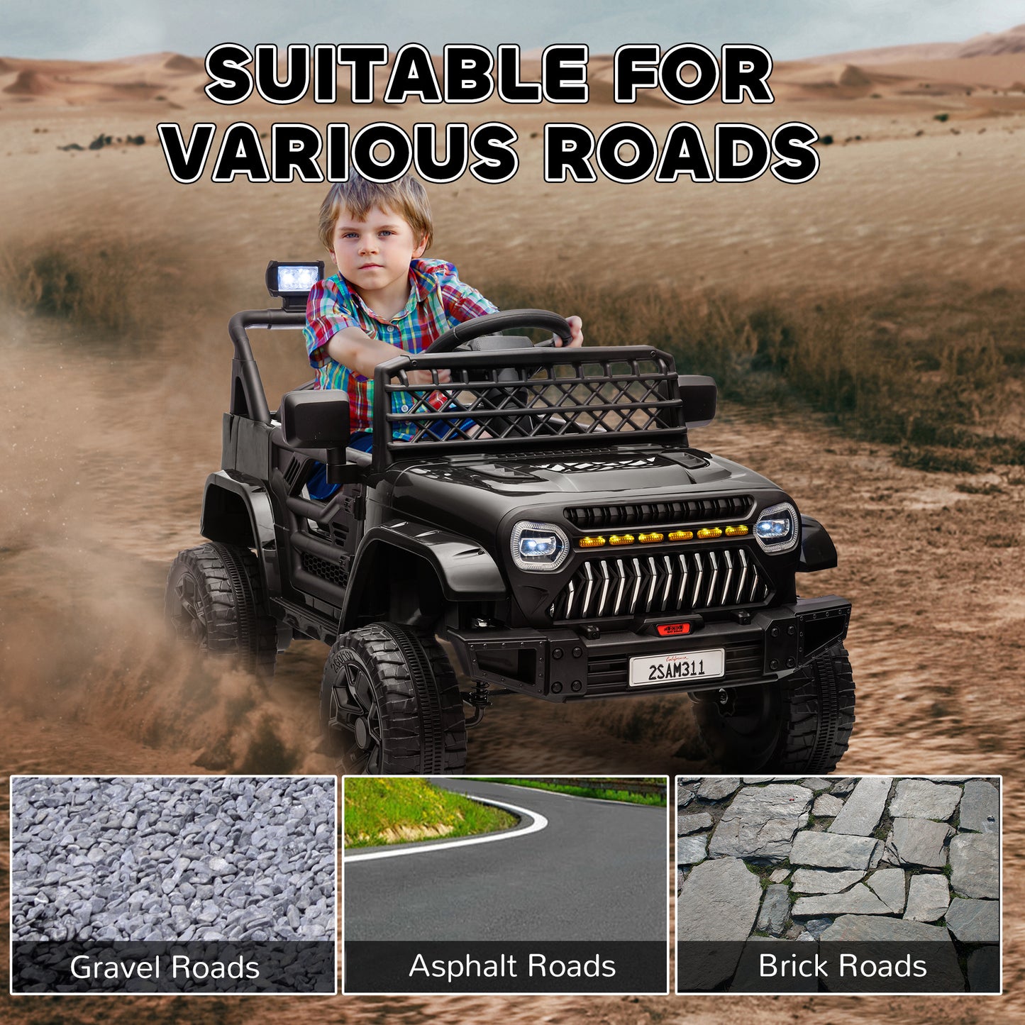 Qaba 12V Ride On Truck, Battery Powered Kids Electric Car UTV with 4 Suspension Wheels, Remote Control, 3 Speeds, LED Headlights, Horn, USB Music, Black