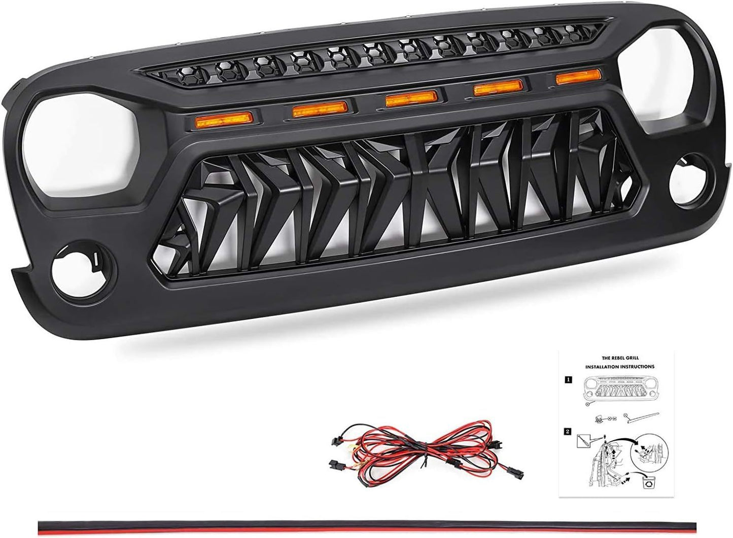 Front Matte Black Shark Grille Replacement Grill For Wrangler JK 2007-2018 with LED Lights