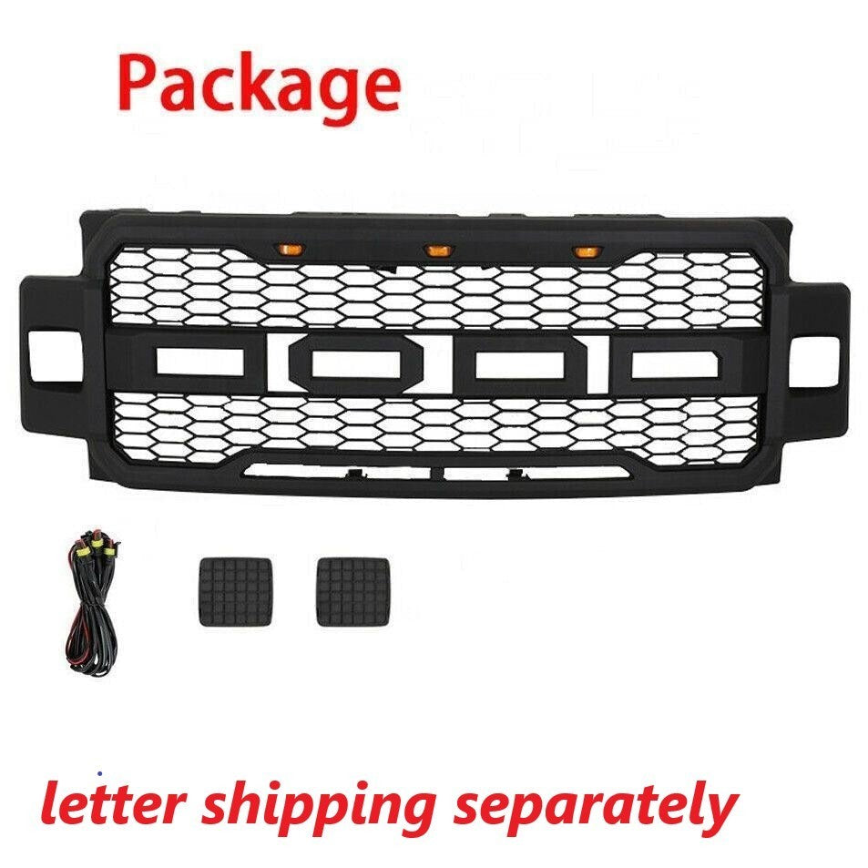 Front Grille For 2017 2018 2019 Ford f250 f350 Super Duty Raptor Grill W/LED Lights & Letters Matte Black