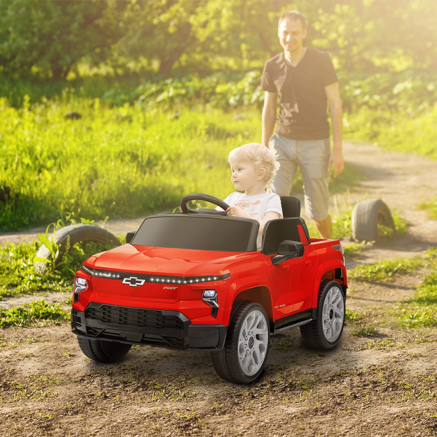 Qaba 12V Kids Electric Car, Chevrolet Silverado EV RST Licensed Ride on Car with Parent Remote Control, Spring Suspension, Soft Start, Training Wheels, LED Lights, Music, MP3, 3 Speed, Red
