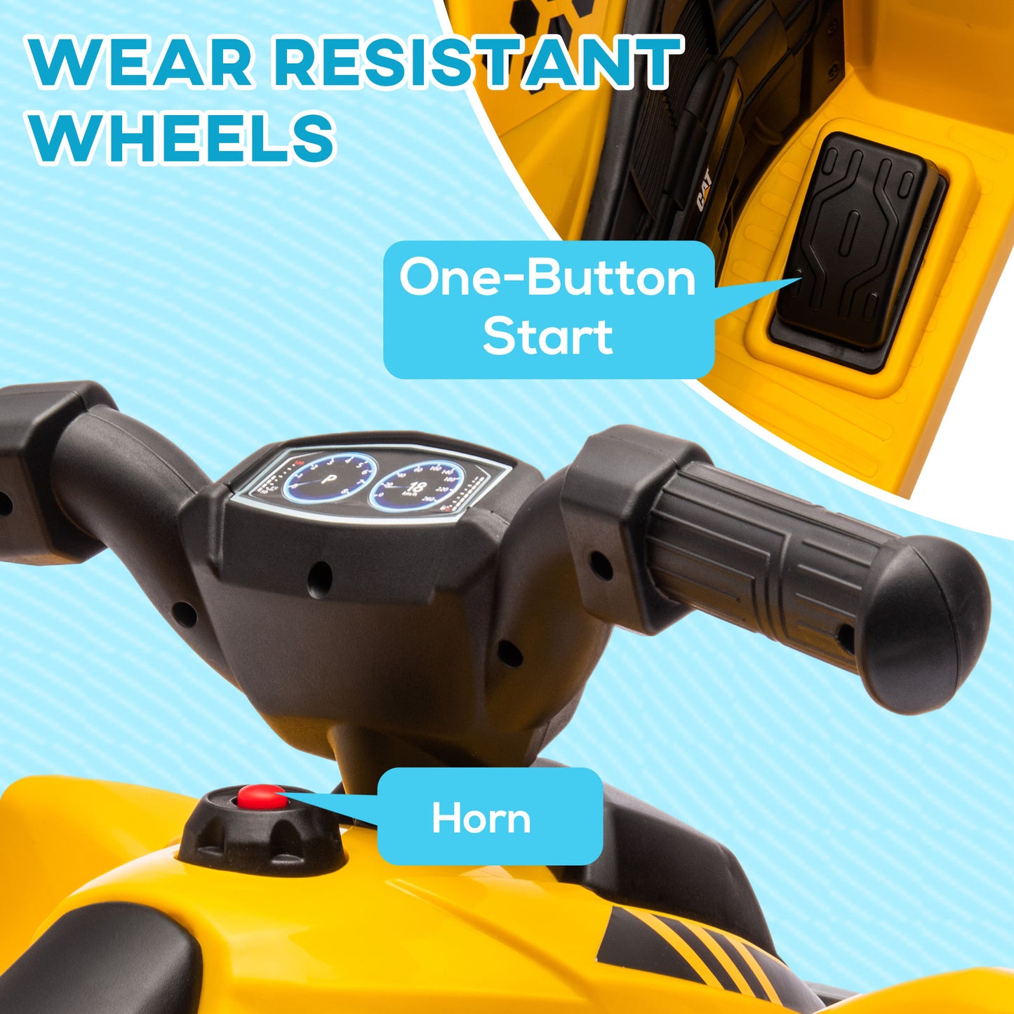 Qaba CAT Licensed Kids ATV, 6V Four-Wheeler for Kids, Electric Ride on ATV with Horn, LED Headlights, Single-Button Start for 18-36 Months, Yellow