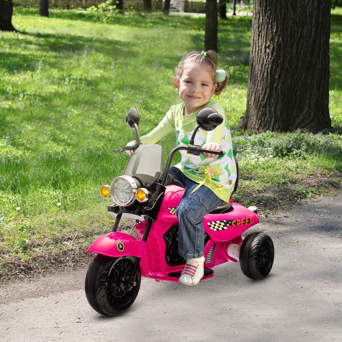 Qaba Electric Motorcycle for Kids, 3 Wheel 6V Battery Powered Chopper Motorbike, Ride on Motorcycle with Headlights, Music, Forward & Reverse for Boys and Girls Ages 3-6 Years, Pink