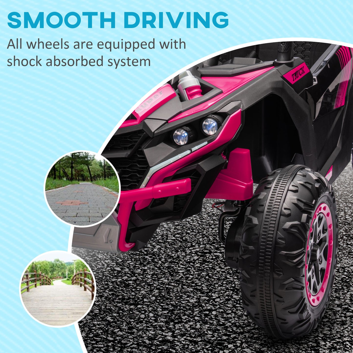 Qaba 24V 7AH Ride on UTV, 2 Seater 4MPH Kids Electric Car Ride on Battery Powered Toy with 4 Shock Absorbers, Music Horn and LED Lights, for Toddlers 3-8 Years, Pink