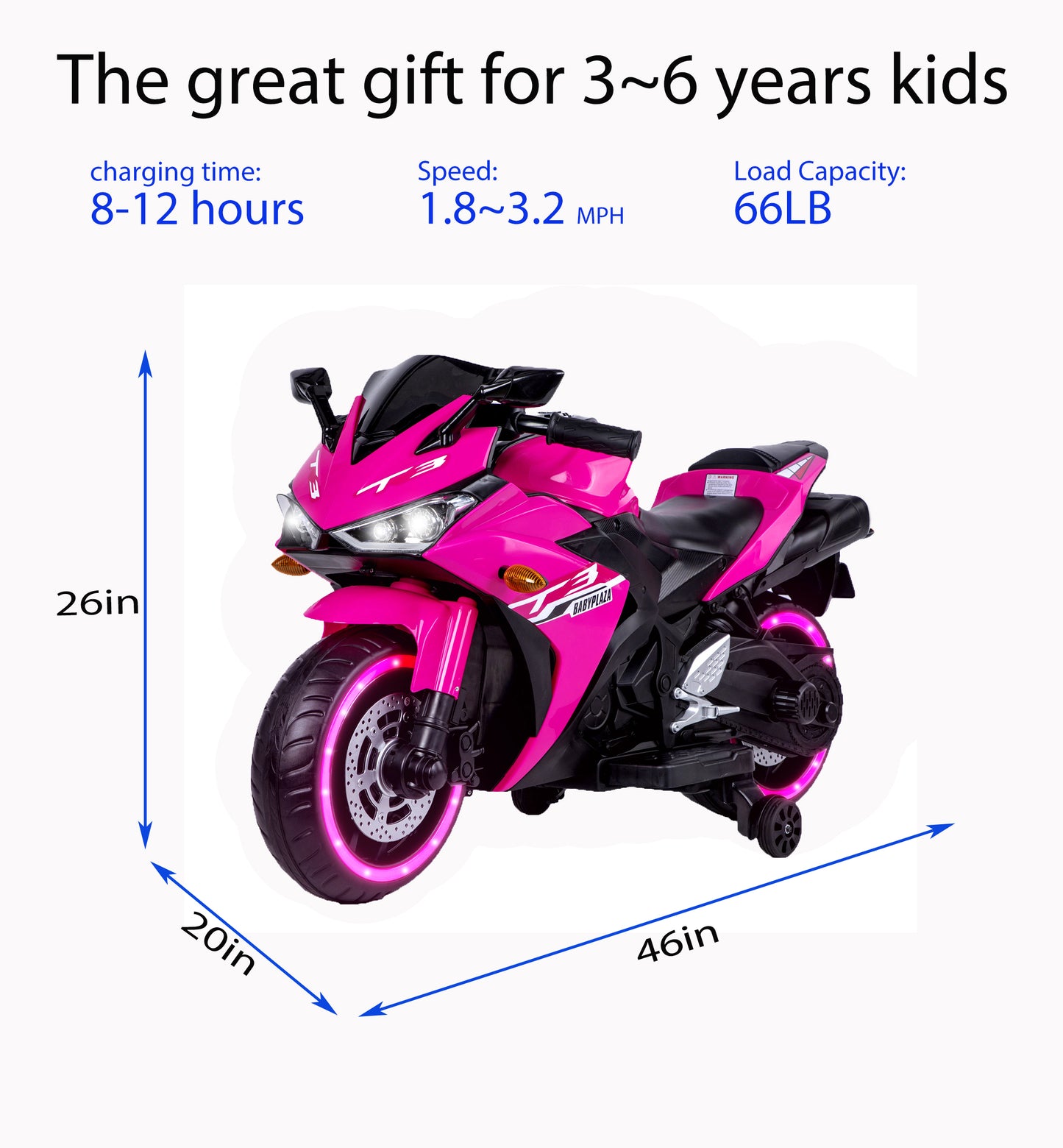 kids motorcycle,12V motorcycle for kids 3 4 5 6 years Boys Girls 12v7ah kids motorcycle ride on toy with Training Wheels/manual throttle/ drive by hand /Lighting wheels