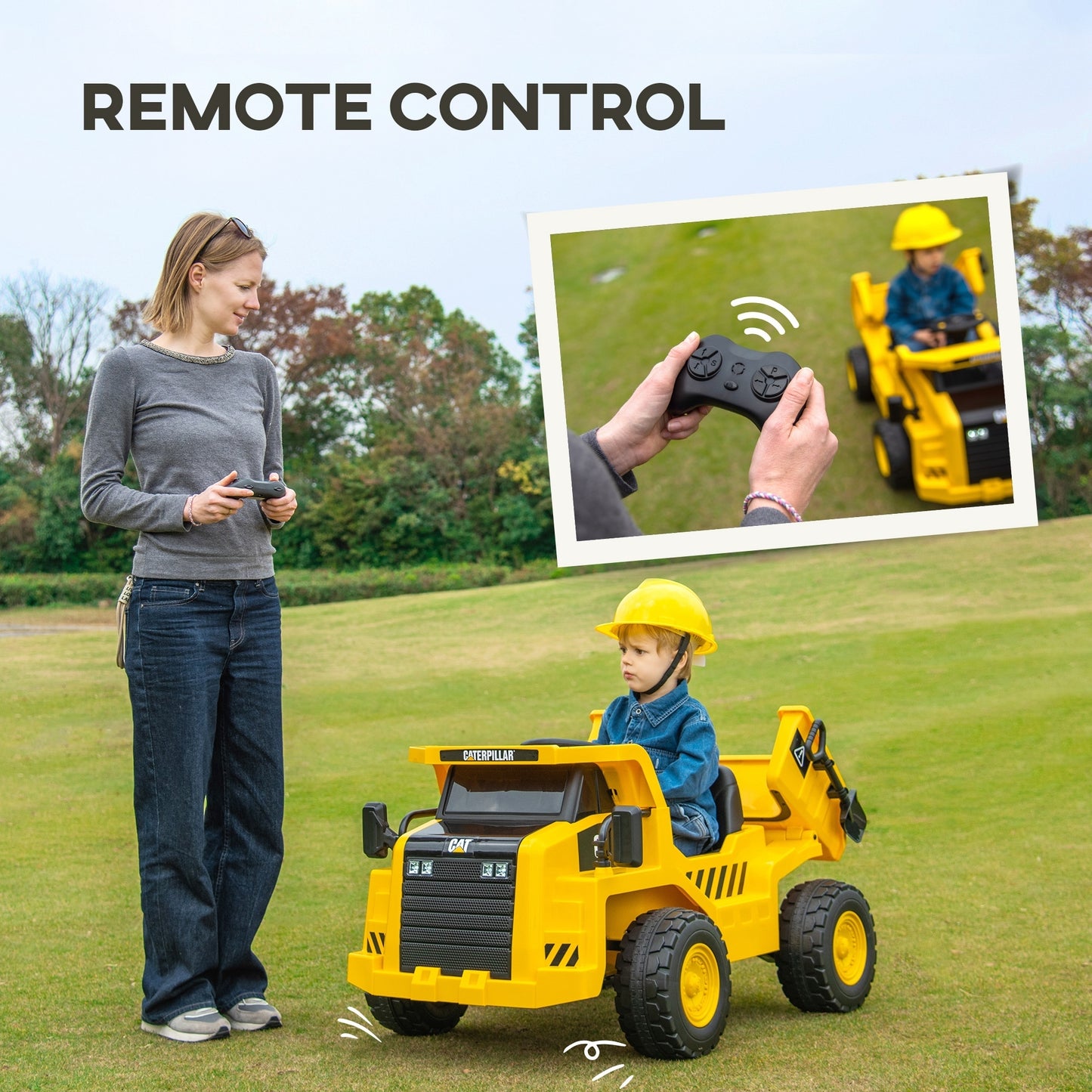 Qaba 12V Ride on Dump Truck with Parental Remote, Caterpillar Licensed Kids Excavator with Bucket, Shovel, Music, Loudspeaker, Headlights, Ride on Construction Vehicles for Ages 3-6, Yellow