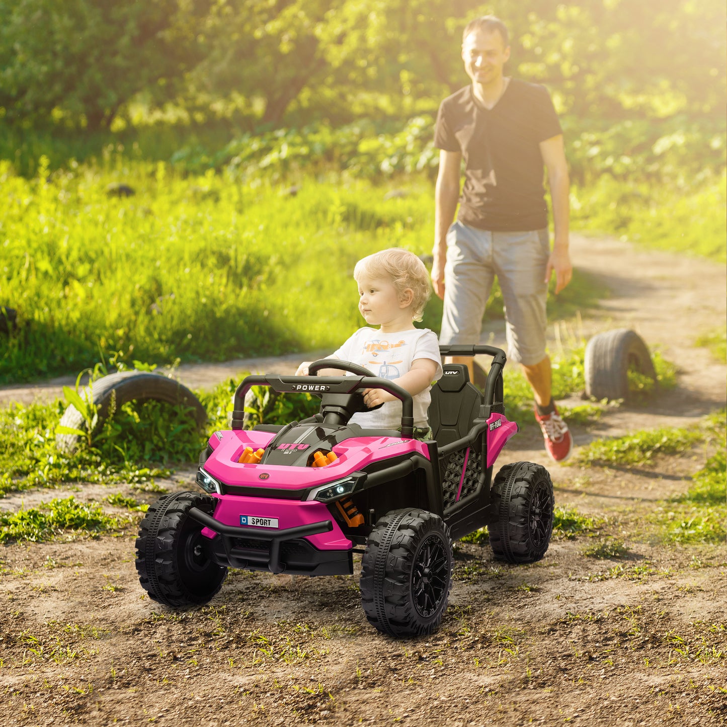 Qaba 12V Kids UTV, Battery Powered Ride on Truck, 3.7 MPH Off-Road Electric Car with Remote Control, 4-Wheel Suspension, LED Headlights, 3 Speeds, Horn & Music, for Boys and Girls, Pink