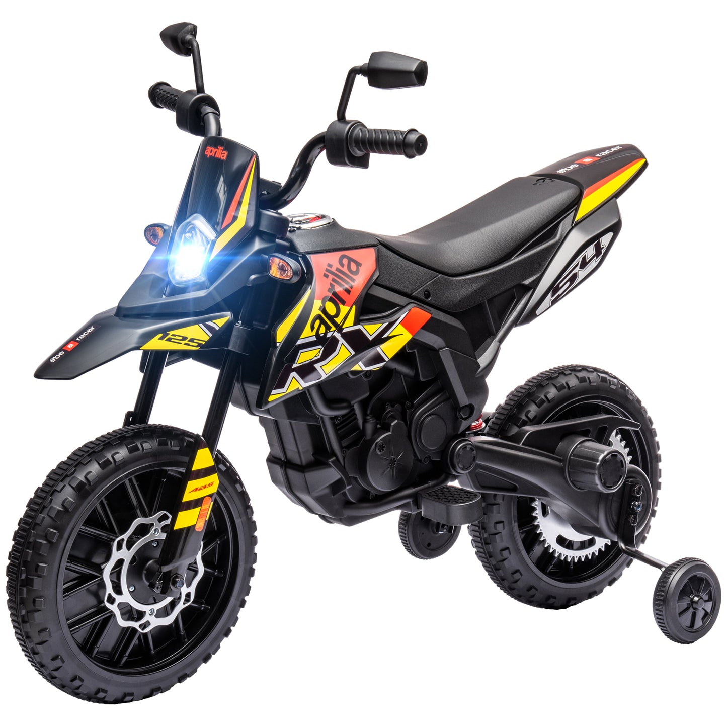 Qaba 12V Kids Motorcycle, Aprilia Licenced Electric Motorcycle for Kids with Training Wheels, Spring Suspension, LED Light, USB, Music, Battery Powered Electric Dirt Bike for Boys Girls, Yellow