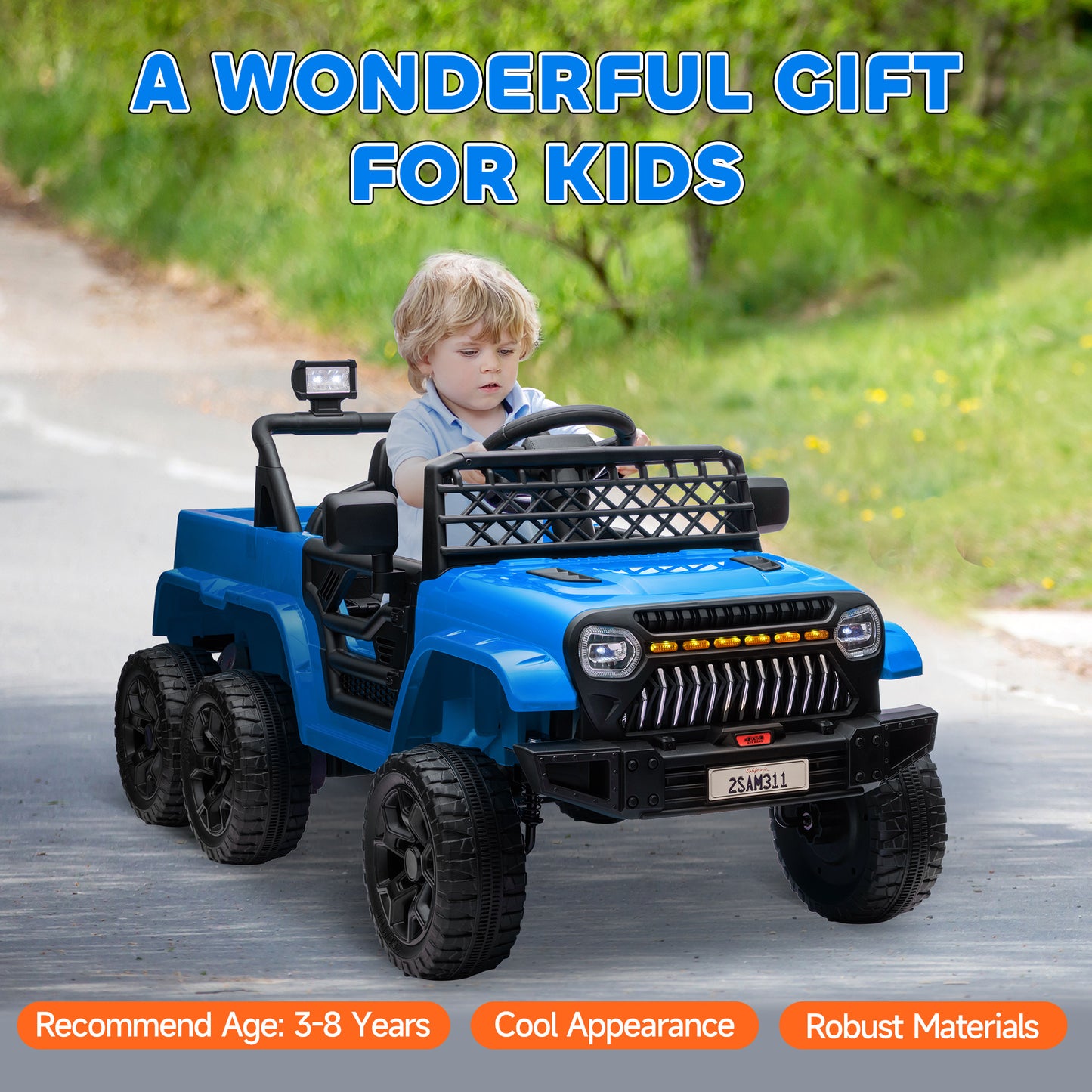 Qaba 12V 4x4 Kids Ride on Truck with Back Trailer, 2WD/4WD Switchable Kids Electric Car with Parent Remote Control, Spring Suspension System, Soft Start, Music, LED Light, Horn, Light Blue