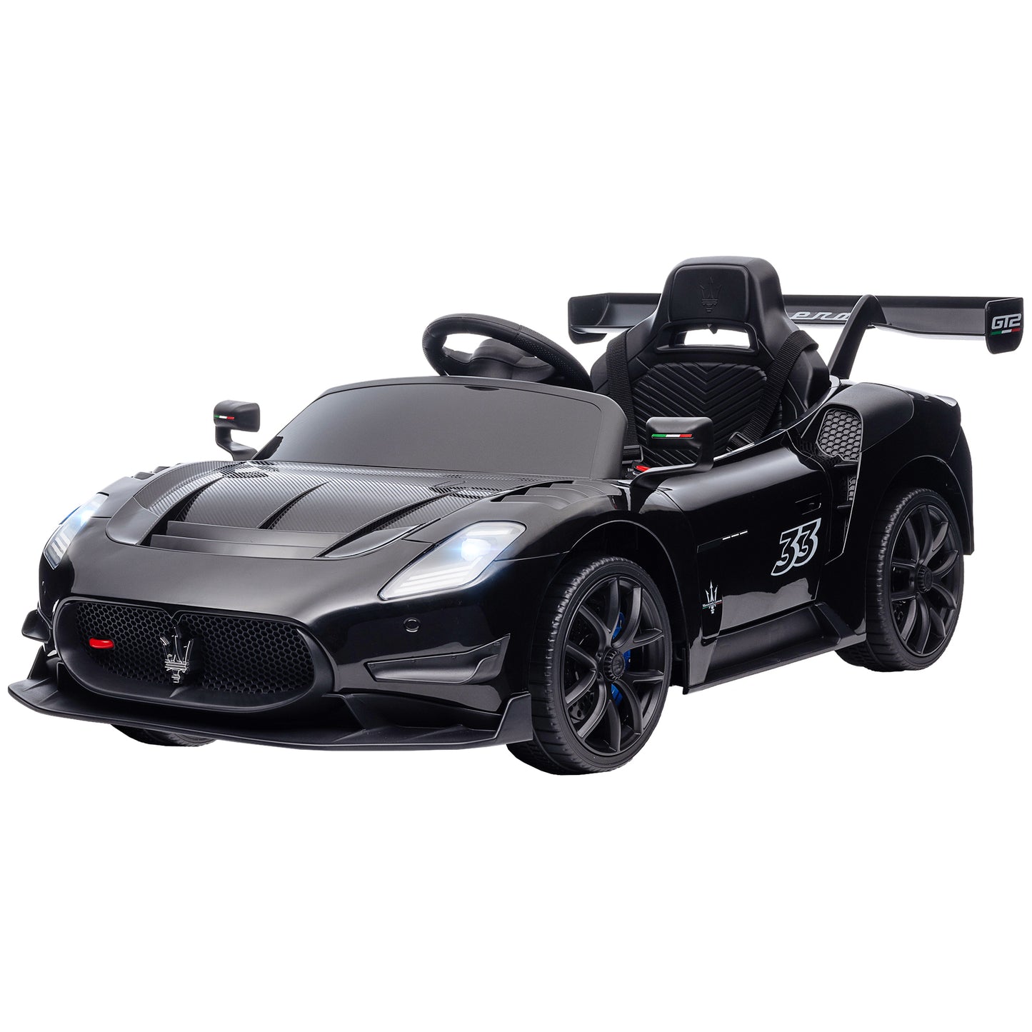 Qaba Maserati GT2 Licensed Ride On Car, 12V Battery Powered Electric Car for Kids with Shock-Absorbers, Auxiliary Wheels, 3MPH Racing Car with Remote, Horn Music LED Lights, Black