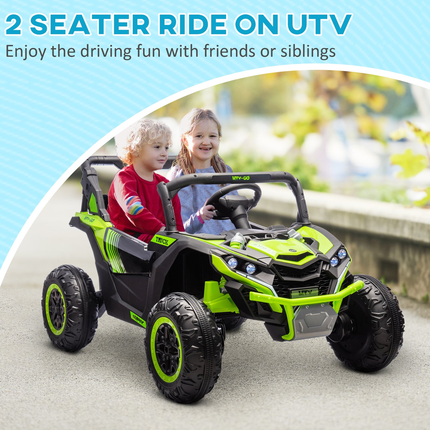 Qaba 24V 7AH Ride on UTV, 2 Seater 4MPH Kids Electric Car Ride on Battery Powered Toy with 4 Shock Absorbers, Music Horn and LED Lights, for Toddlers 3-8 Years, Green