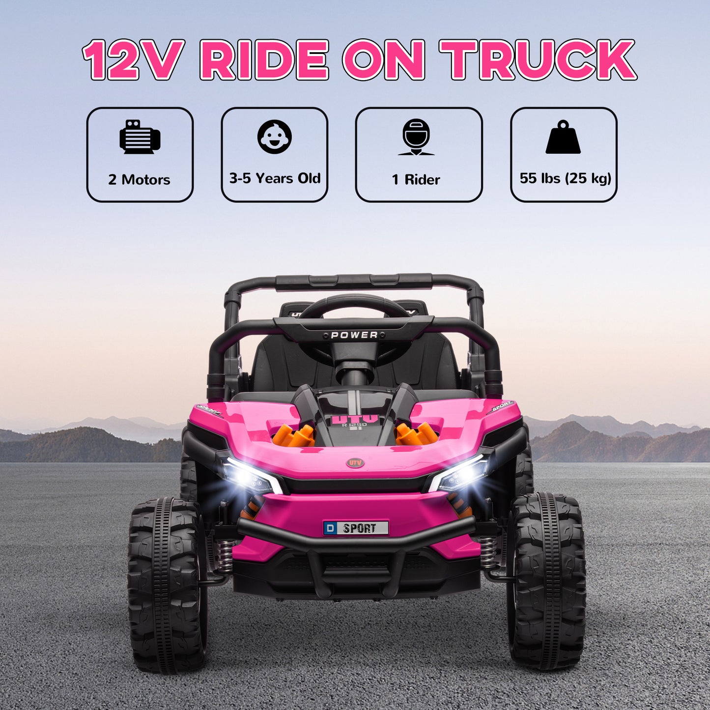 Qaba 12V Kids UTV, Battery Powered Ride on Truck, 3.7 MPH Off-Road Electric Car with Remote Control, 4-Wheel Suspension, LED Headlights, 3 Speeds, Horn & Music, for Boys and Girls, Pink