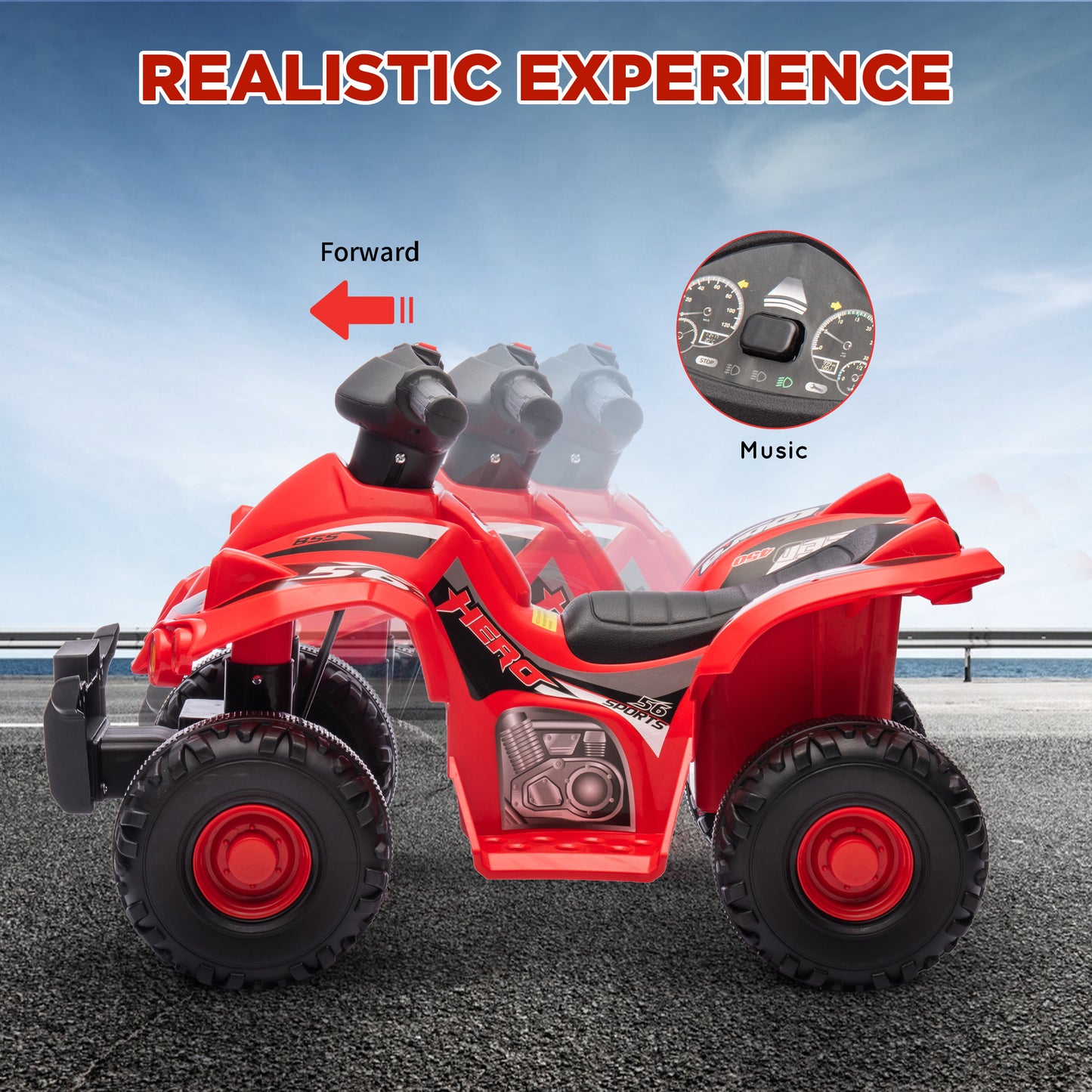 Qaba Kids ATV, 6V 4 Wheeler Kids Quad Car, Battery Powered Electric Ride on Toy with Music for Boys & Girls Ages 2-6 Years, Red