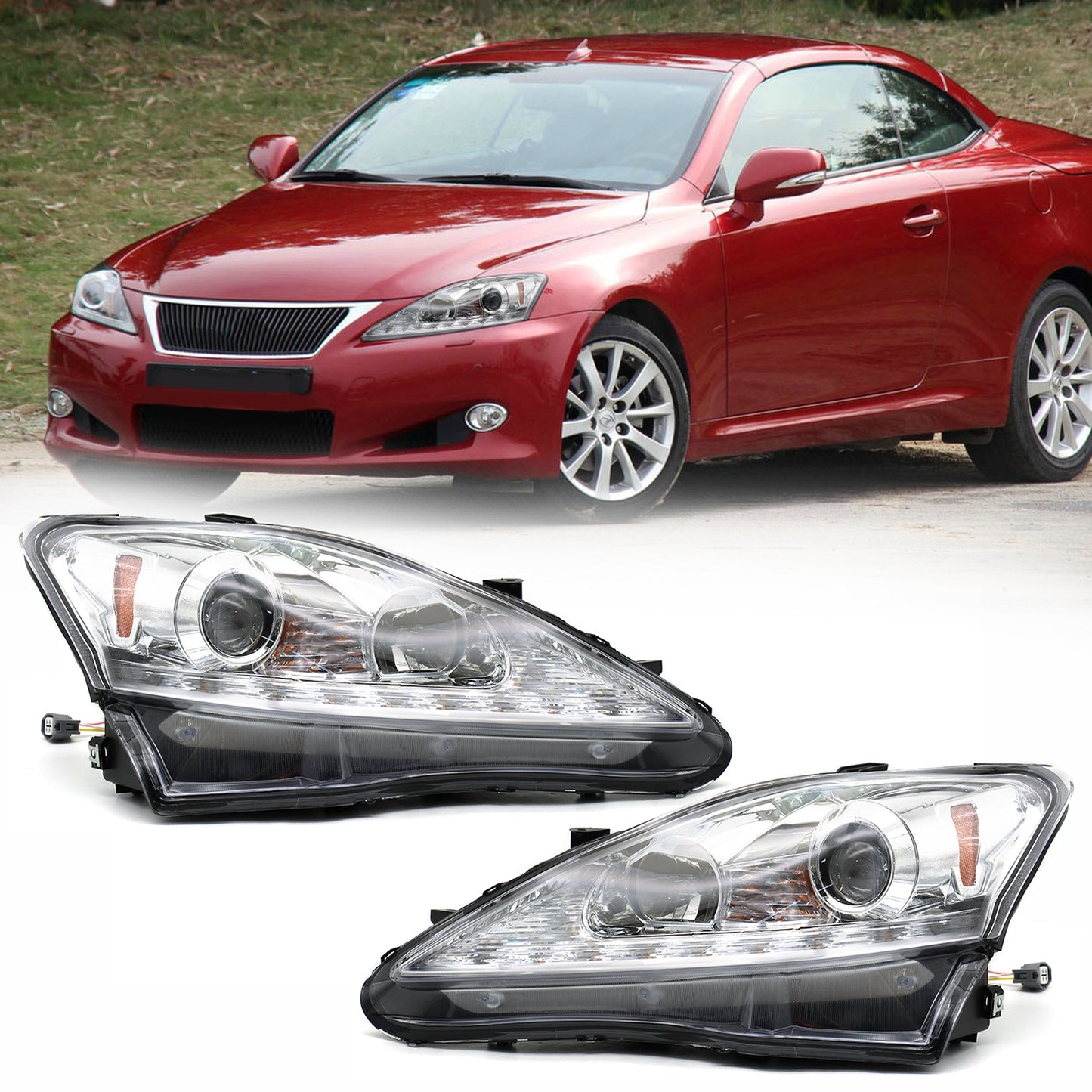 LED Headlights Assembly Fit for 2006-2013 Lexus IS250 IS350, Left Driver and Right Passenger Side (Chrome)