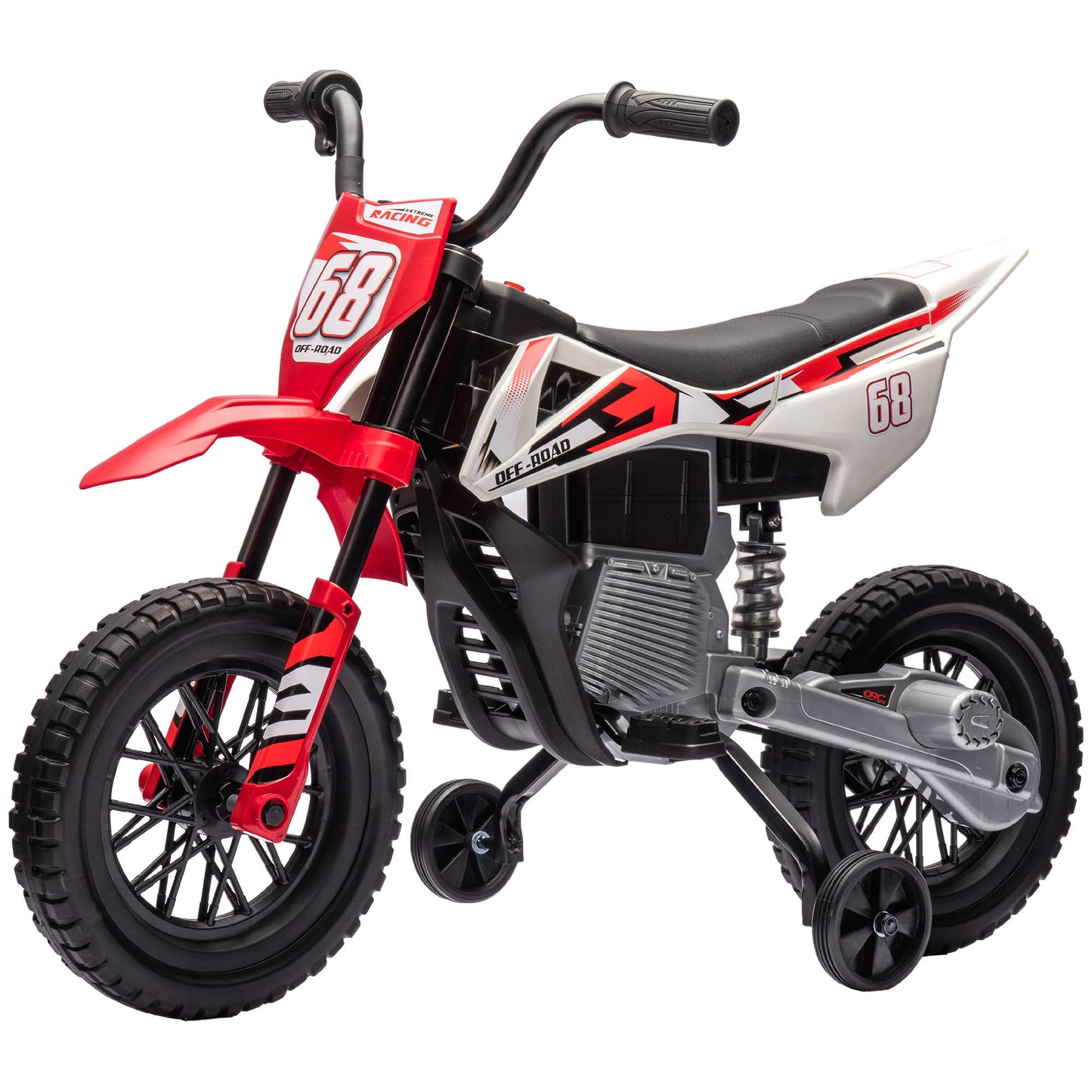 Qaba Kids Dirt Bike with Twist Grip Throttle, 12V Electric Motorcycle, Electric Bike for Toddler with Training Wheels, Rear Suspension & Music for Ages 3-6 Years, Red