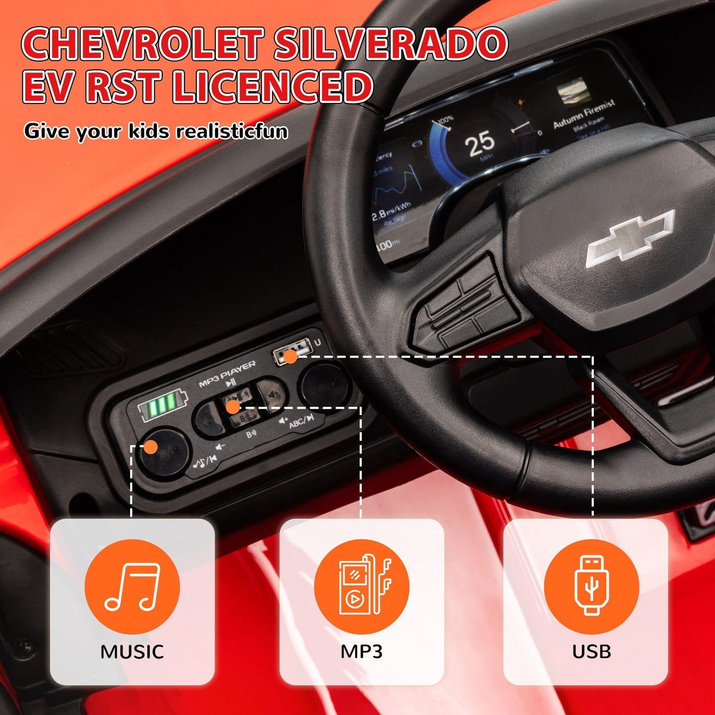 Qaba 12V Kids Electric Car, Chevrolet Silverado EV RST Licensed Ride on Car with Parent Remote Control, Spring Suspension, Soft Start, Training Wheels, LED Lights, Music, MP3, 3 Speed, Red