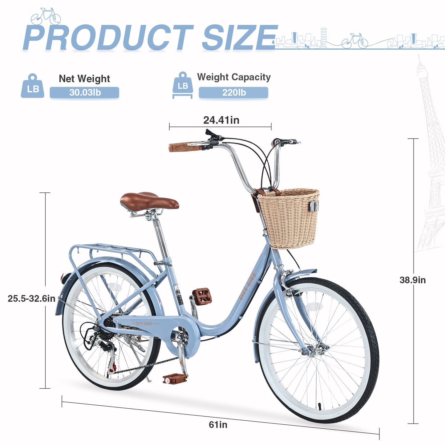 7 Speed City Bike With Basket , Steel Frame,Multiple Colors 22 Inch Girls Bicycle