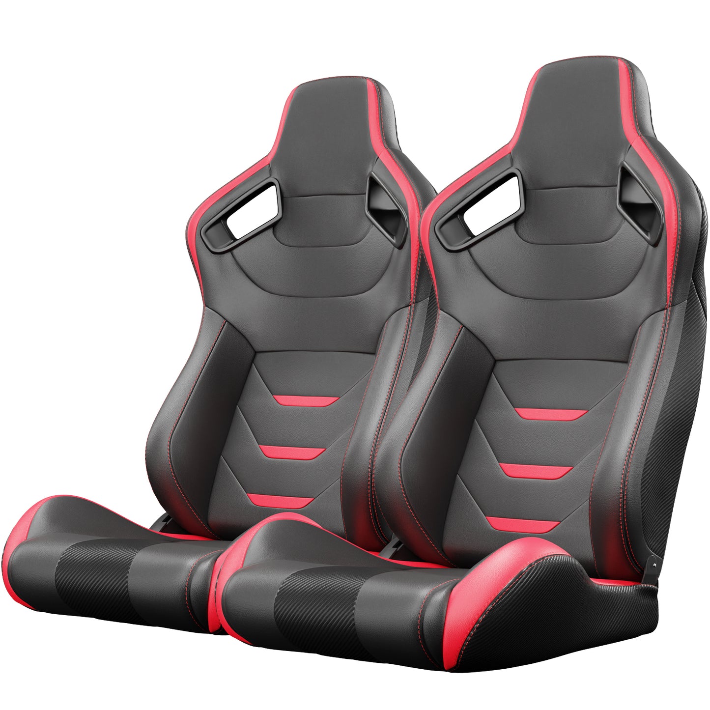 2PC Universal Bucket Racing Seats Red Stitch Red PVC Leather Reclinable Carbon Look Leather Back With Adjustor Slider(Not Including Seat Bracket ) 1 box of 2 pieces