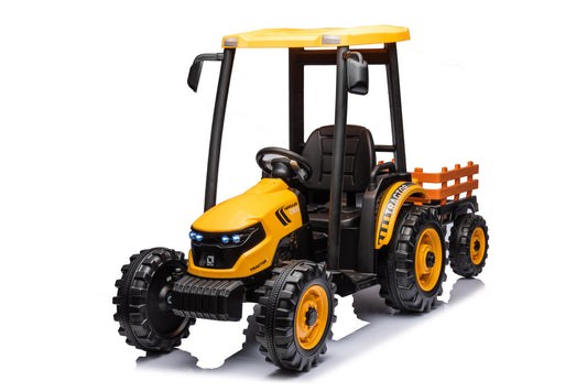 Ride on Tractor with Trailer, 24V Battery Powered Electric Vehicle Toy with 3-Gear-Shift Ground Loader, Treaded Tires, LED Lights, Audio, Safety Belt, Kids Ride on Car (Yellow)