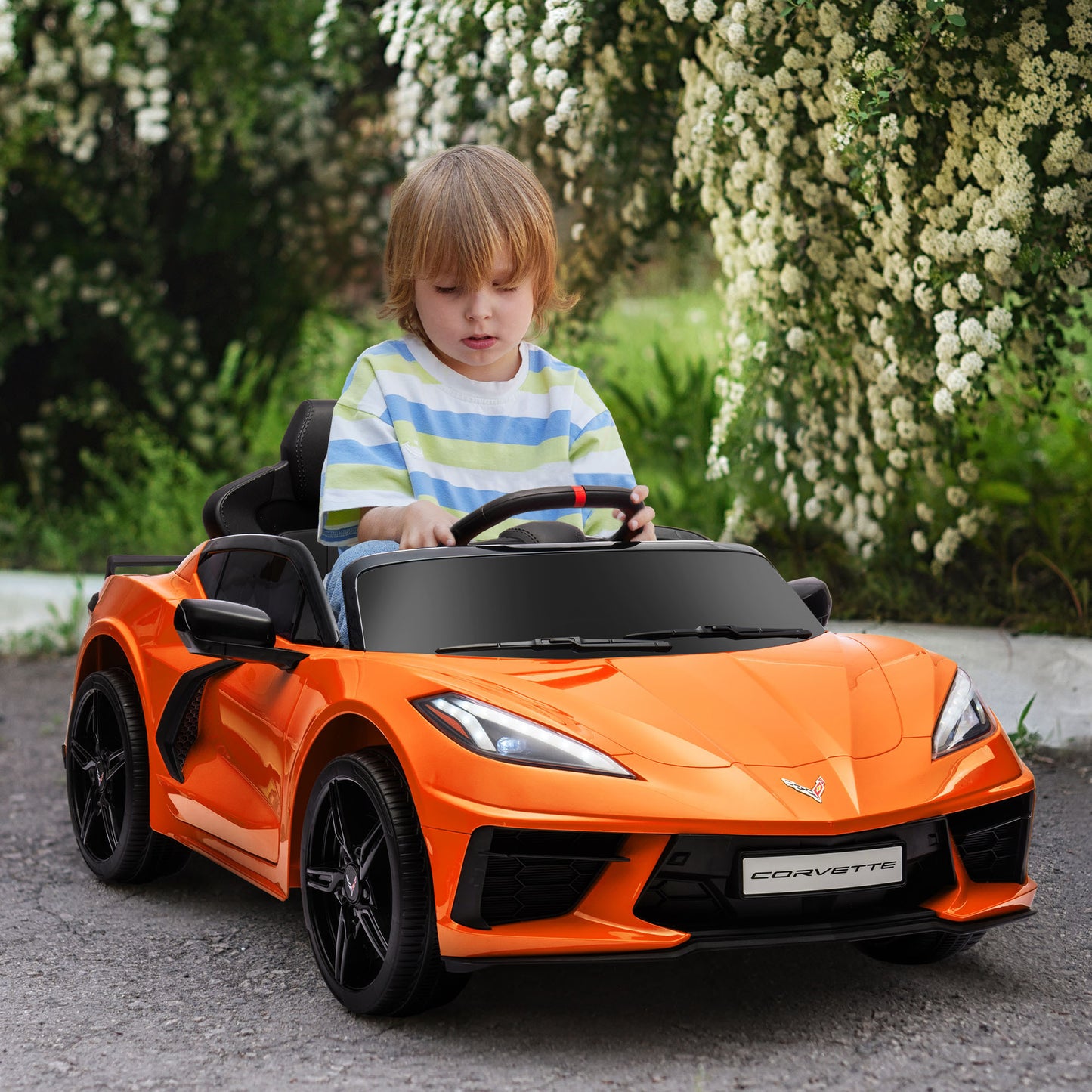 Qaba Electric Car for Kids, 12V Chevrolet Corvette Licensed Kids Car with Parental Remote Control, Suspension System, Music, Horn, Headlight, Slow Start, Kids Electric Car for 3-6 Years, Orange