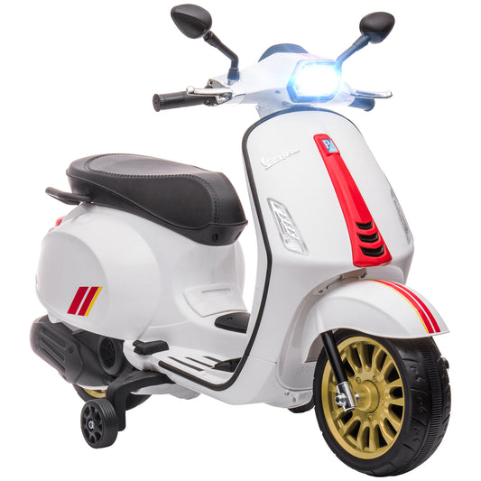 Qaba Vespa Licensed Electric Motorcycle for Kids, 6V Toddler Motorcycle, Battery-Operated Motorbike for Kids with Music, FM Radio, Headlight, Single Button Start for 3-6 Years, White