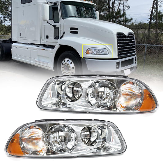 Headlight Assembly Fit for MACK GU4 GU5 GU7 CT713 GU8 CX CXN CXU CTP Semi Trucks, Pair of Chrome Headlamp Left/Driver & Right/Passenger Side Halogen, Bulbs Included