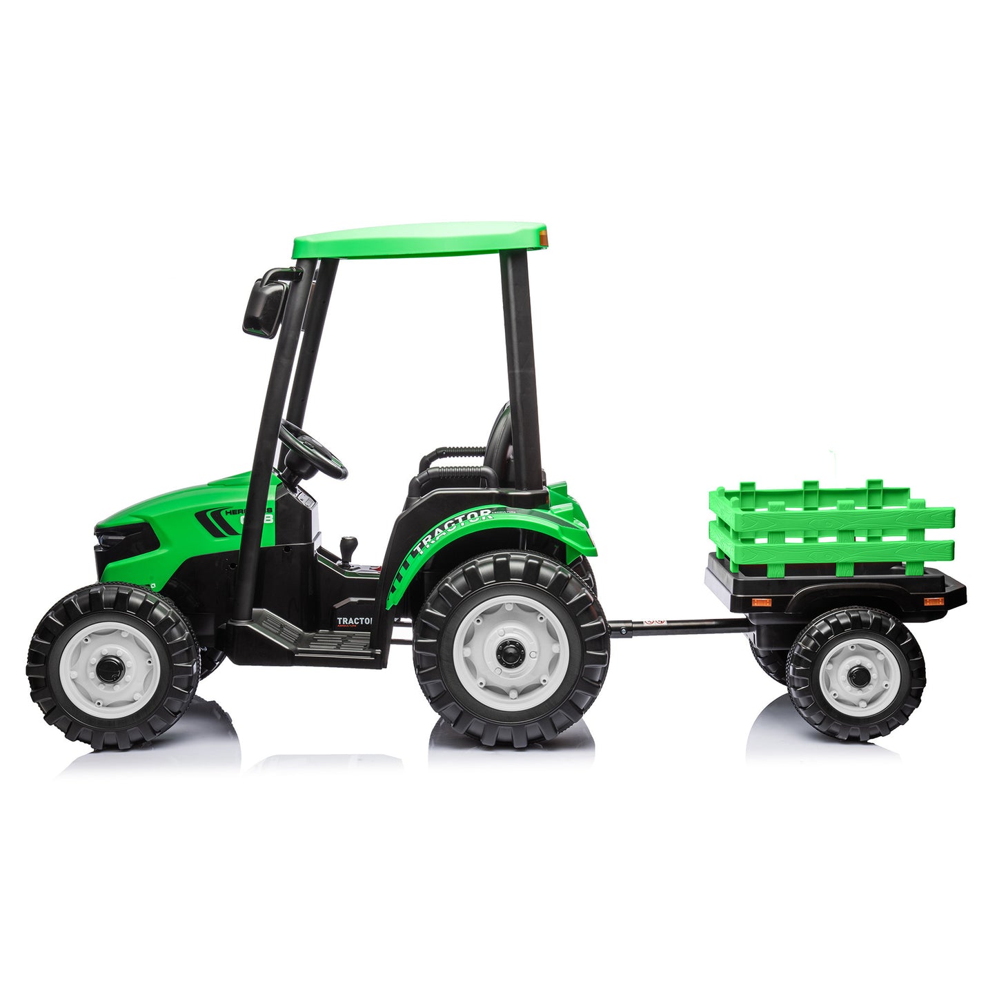 Ride on Tractor with Trailer, 24V Battery Powered Electric Vehicle Toy with 3-Gear-Shift Ground Loader, Treaded Tires, LED Lights, Audio, Safety Belt, Kids Ride on Car (Green)