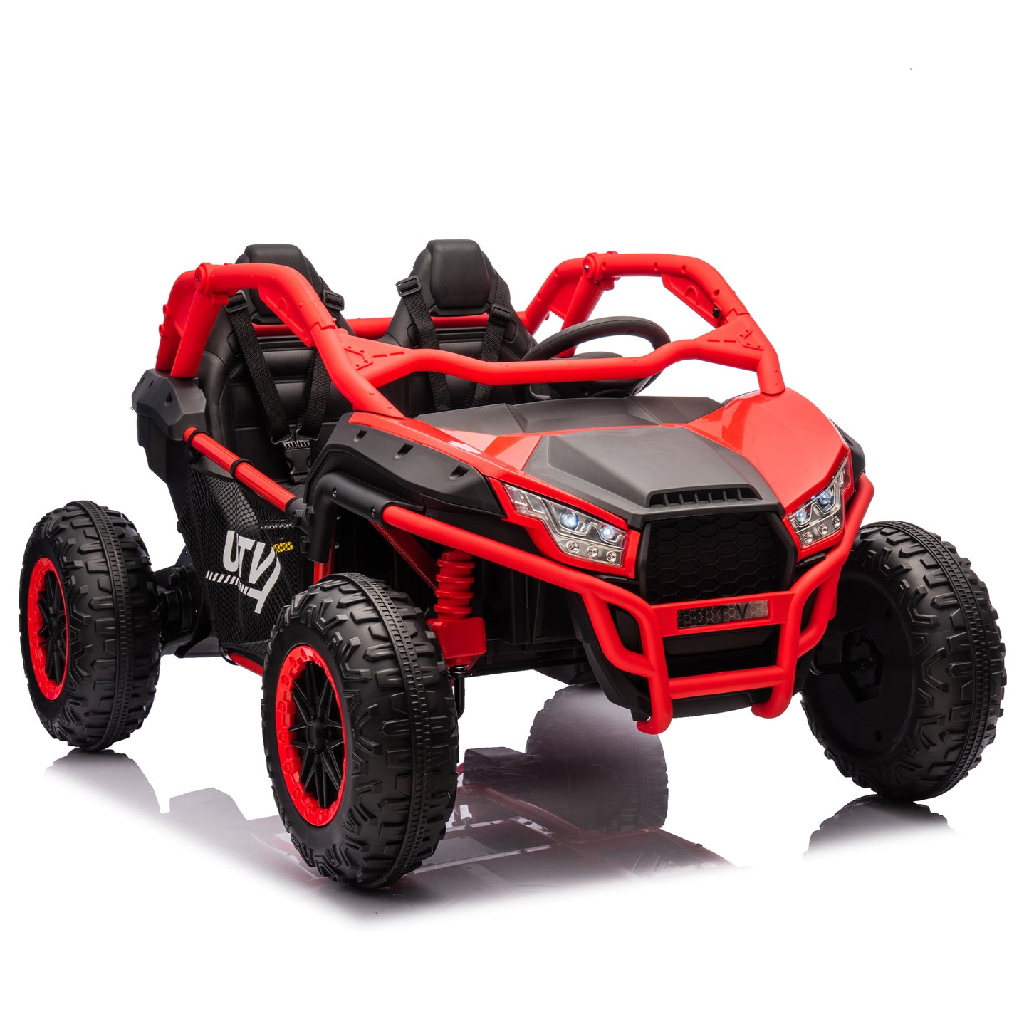 24V Two-seater Kids Ride On UTV w/Parents Control,20in seat width,400W Super high power,Four-wheel Suspension,Bluetooth,MP3,USB,LED Light,Horn,Rear storage space,Speeds 3.73-4.97MPH For Kids aged 3+.