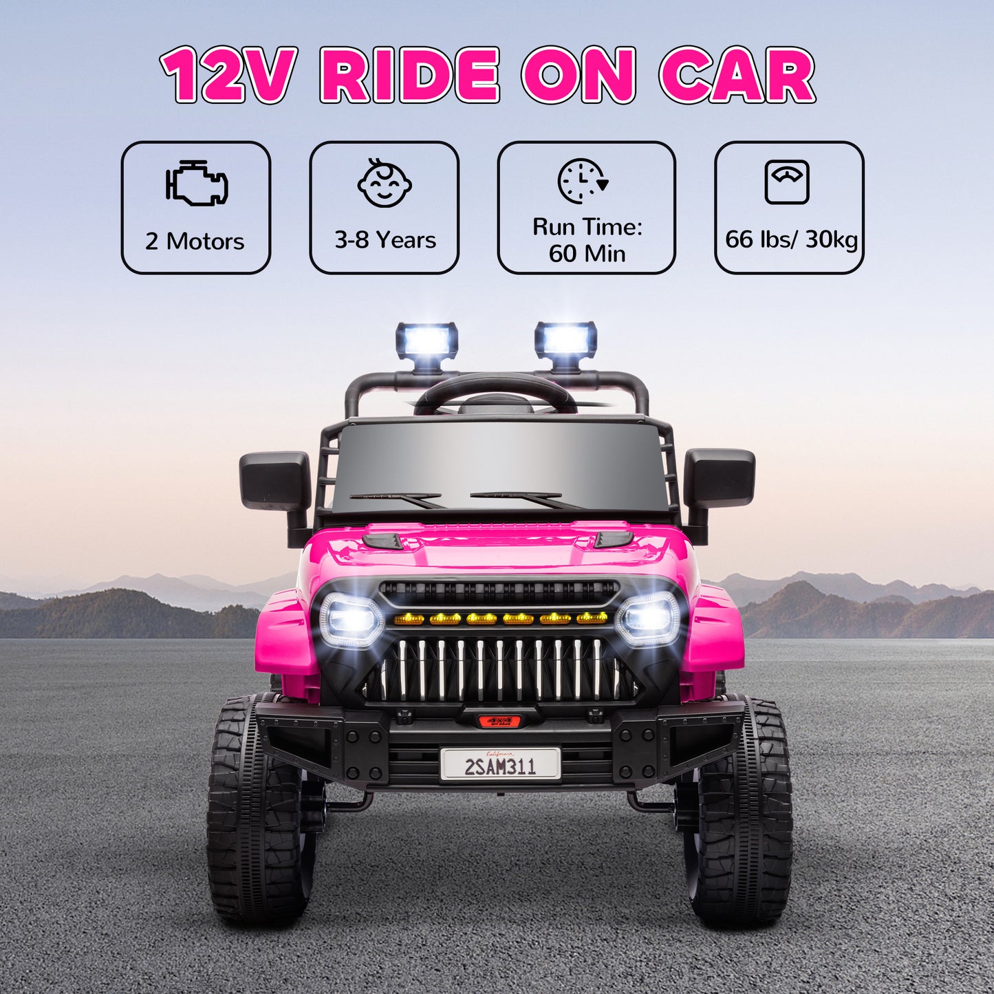 Qaba 12V Ride On Truck, Battery Powered Kids Electric Car UTV with 4 Suspension Wheels, Remote Control, 3 Speeds, LED Headlights, Horn, USB Music, Pink