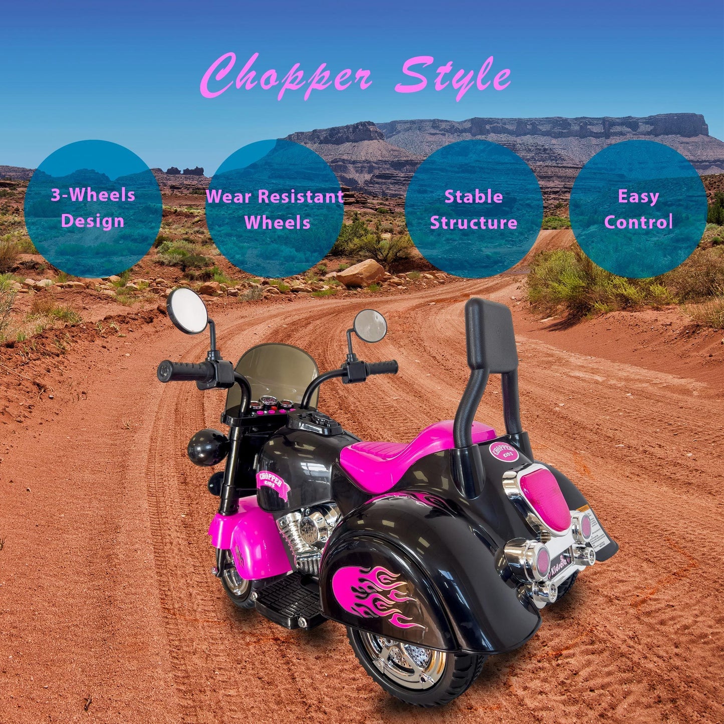 Kids Ride On Motorcycle Toy, 3-Wheel Chopper Motorbike with LED Colorful Headlights Horn, Pink 6V Battery Powered Riding on Electric Harley Motorcycle for Boys Girls