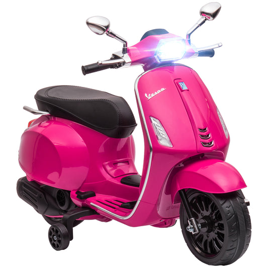 Qaba Vespa Licensed Electric Motorcycle for Kids, 6V Toddler Motorcycle, Battery-Operated Motorbike for Kids with Music, FM Radio, Headlight, Single Button Start for 3-6 Years, Pink