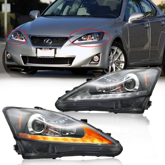 LED Headlights Assembly Fit for 2006-2013 Lexus IS250 IS350, Left Driver and Right Passenger Side (Black)