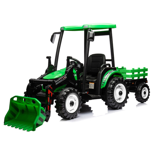 Pedal Tractors with Working Loader and Backhoe Digger, Kids' Ride on Car Toys 24V Battery Powered Electric Vehicles with Trailer, Digger for Toddlers (Green)