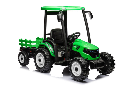Ride on Tractor with Trailer, 24V Battery Powered Electric Vehicle Toy with 3-Gear-Shift Ground Loader, Treaded Tires, LED Lights, Audio, Safety Belt, Kids Ride on Car (Green)