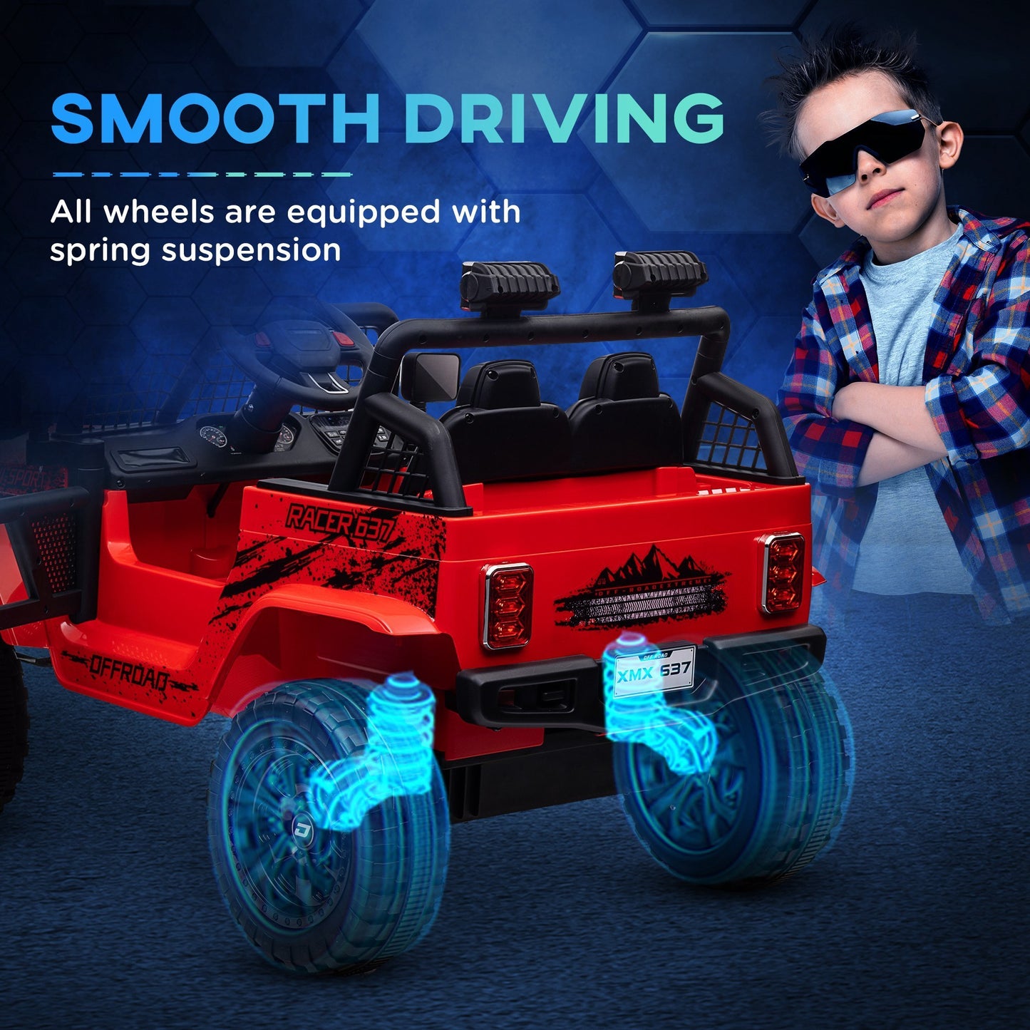 Qaba 12V Ride on Truck, Battery Powered Kids Electric Car with Parent Remote, 4 Suspension Wheels, 3 MPH Max Speed, Music, Horn & LED Lights for Ages 3-6 Years Old, Red