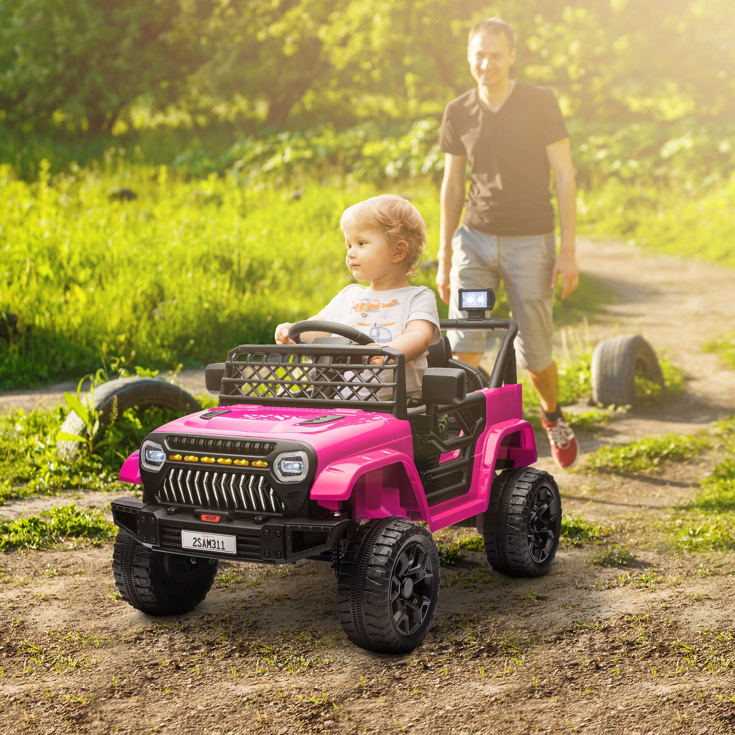Qaba 12V Ride On Truck, Battery Powered Kids Electric Car UTV with 4 Suspension Wheels, Remote Control, 3 Speeds, LED Headlights, Horn, USB Music, Pink