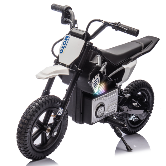 24V Kids Ride On Electric Toy Motocross Motorcycle,200W High Speed Hub Motor,Rear wheel shock absorber,Adjustable speed,LED breath lamp,Bluetooth,Music,Horn,Speeds 3.11-9.32MPH For Kids Aged 5-15.