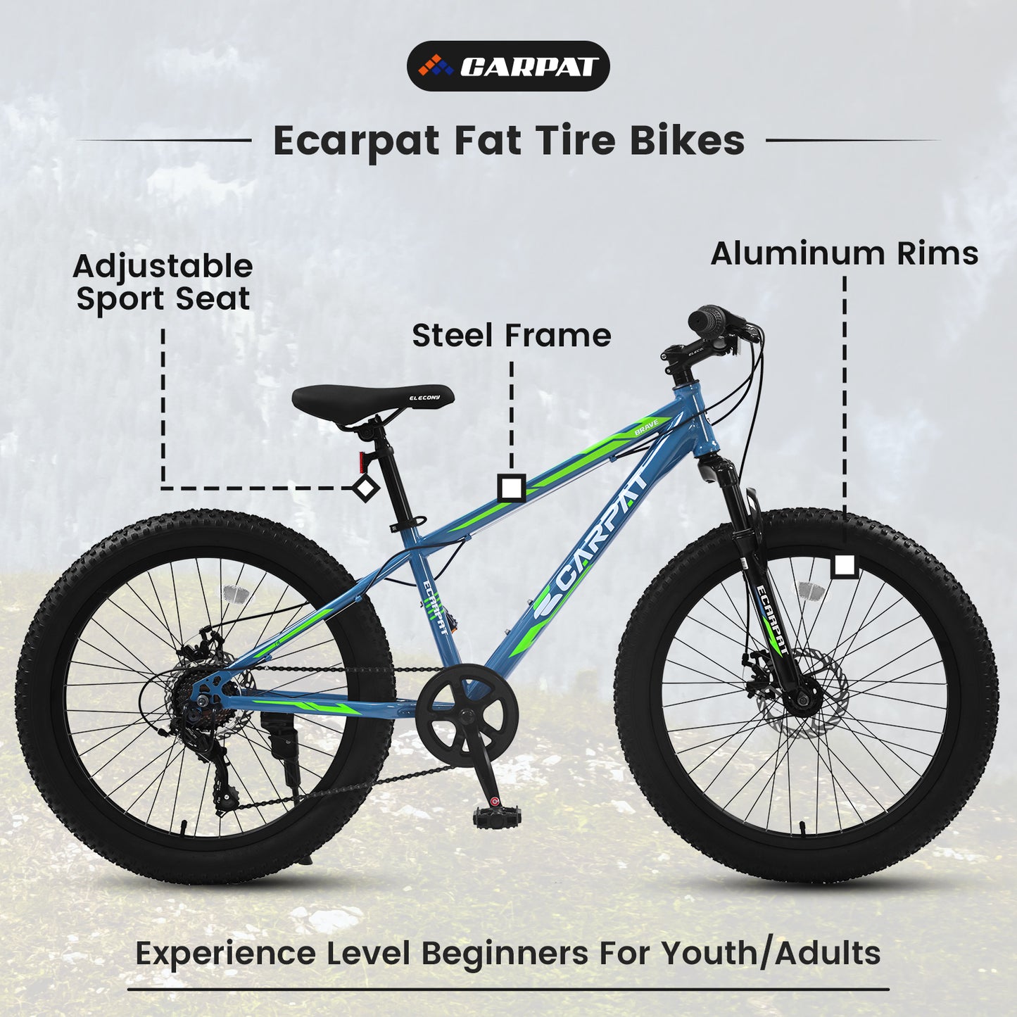 S24109 24 Inch Fat Tire Bike Adult/Youth Full Shimano 7 Speeds Mountain Bike, Dual Disc Brake, High-Carbon Steel Frame, Front Suspension, Mountain Trail Bike, Urban Commuter City Bicycle