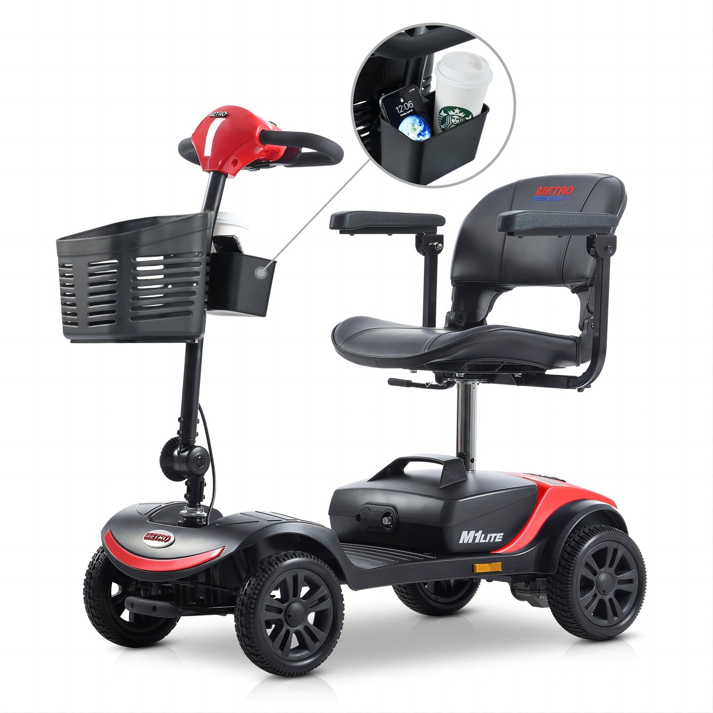 [NO LED LIGHT, WITH STORAGE BOX ] Compact Mobility Scooter--Frosted Red