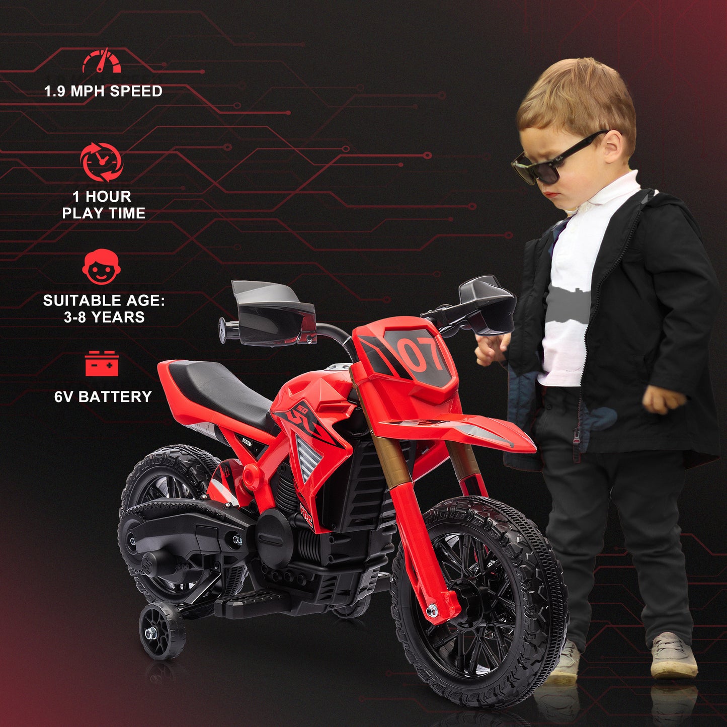 Qaba Kids Motorcycle, 6V Battery Powered Dirt Bike with Training Wheels, Horn & Start Sound, Electric Motorcycle for Kids 3-8 Years, Red